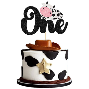 Gyufise 1Pc Cow One Cake Topper Glitter Farm Animals First Birthday Cake Topper Decorations For Baby Shower Kids Boys Girls 1St