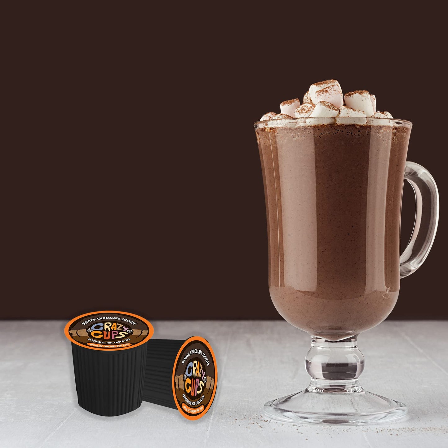 Crazy Cups Caffeinated Hot Chocolate Pods, 22 Count, Coffee Substitute for Keurig K Cups, Molten Chocolate Souffle Flavor