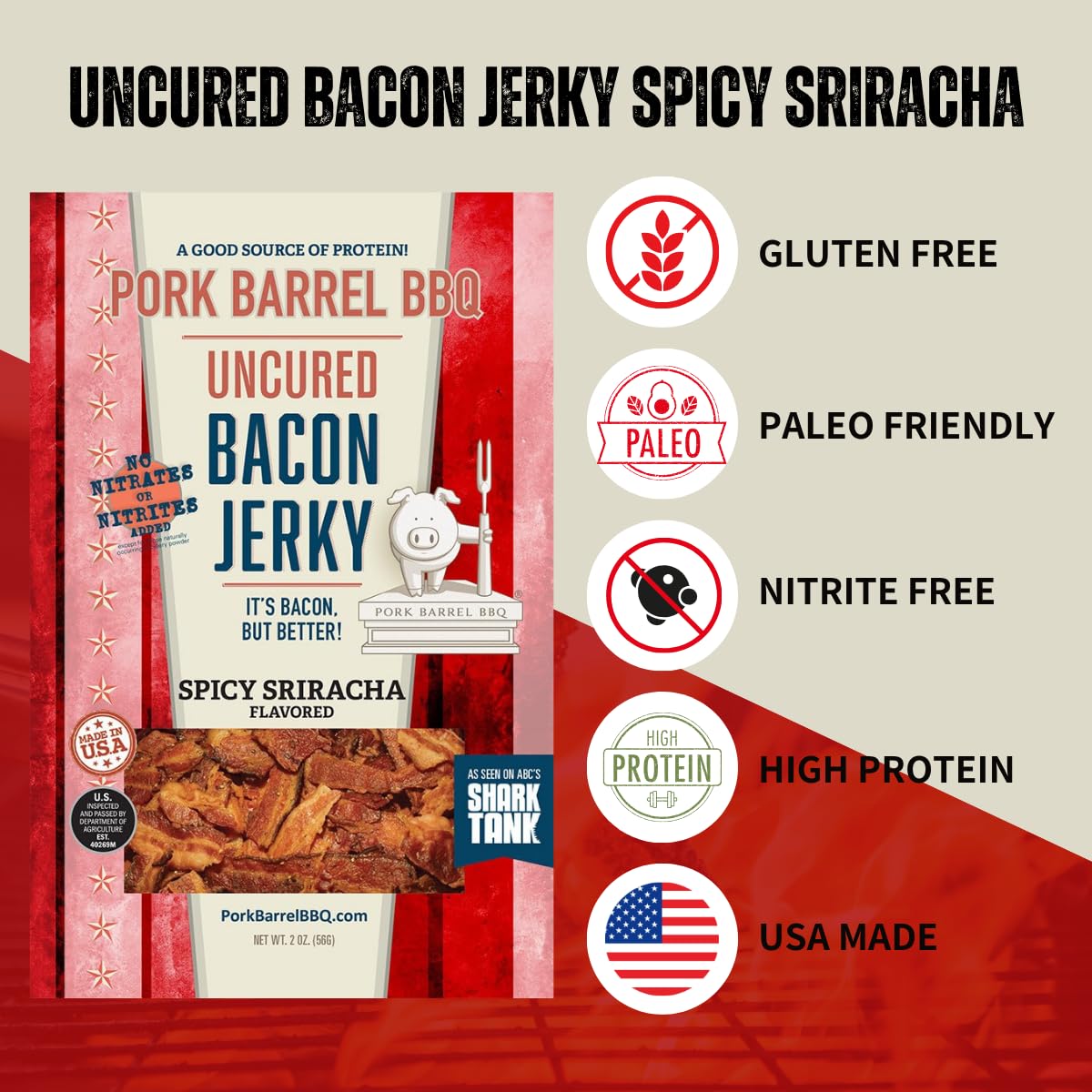 Pork Barrel BBQ Spicy Sriracha Bacon Jerky, Nitrate & Nitrite Free, Gluten Free, 2 oz, Uncured Snack