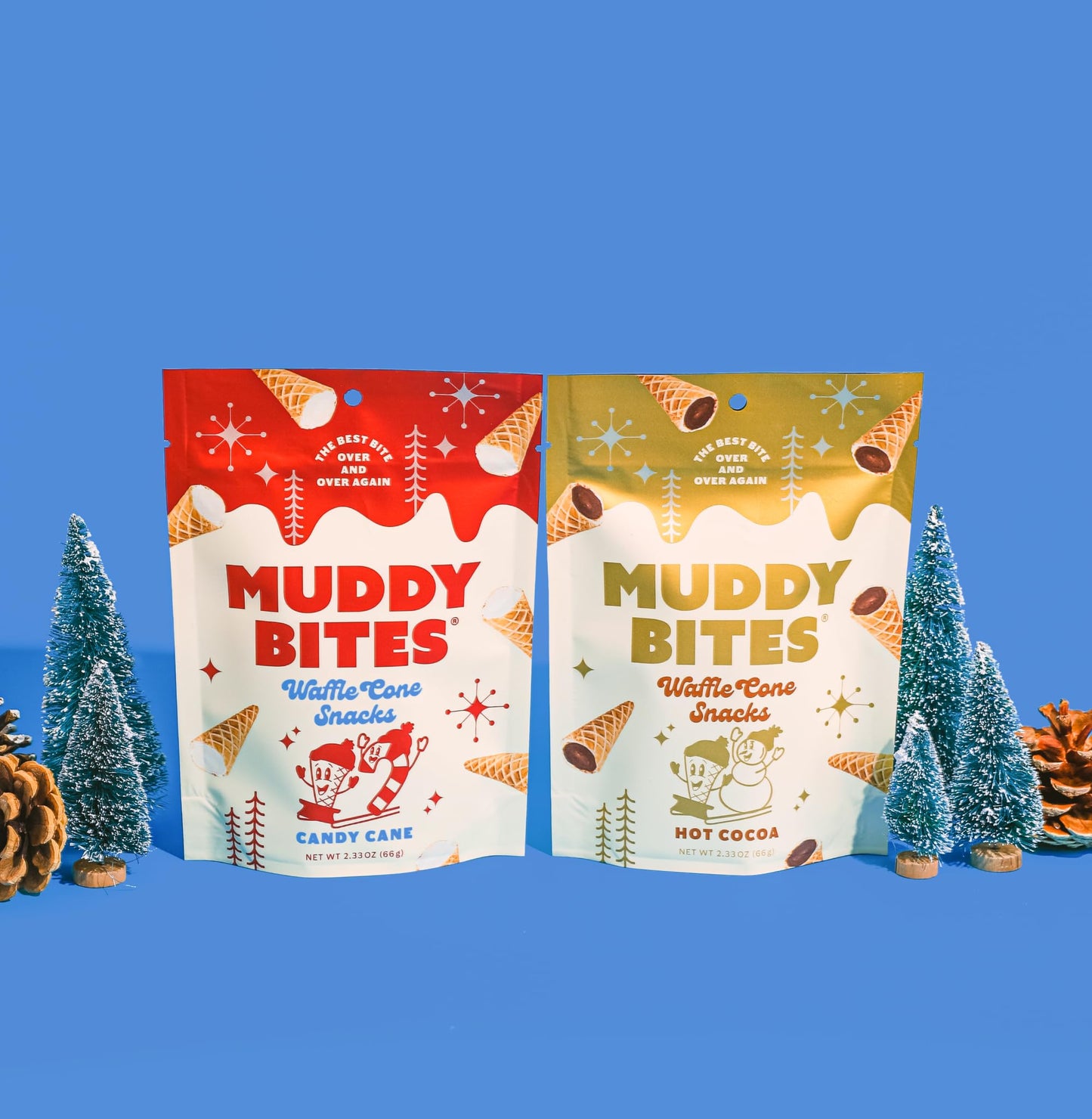 Muddy Bites Waffle Cone Snacks Bite Sized Chocolate Filled Waffle Cones For Snack Or Dessert, Hot Cocoa & Candy Cane, Made With