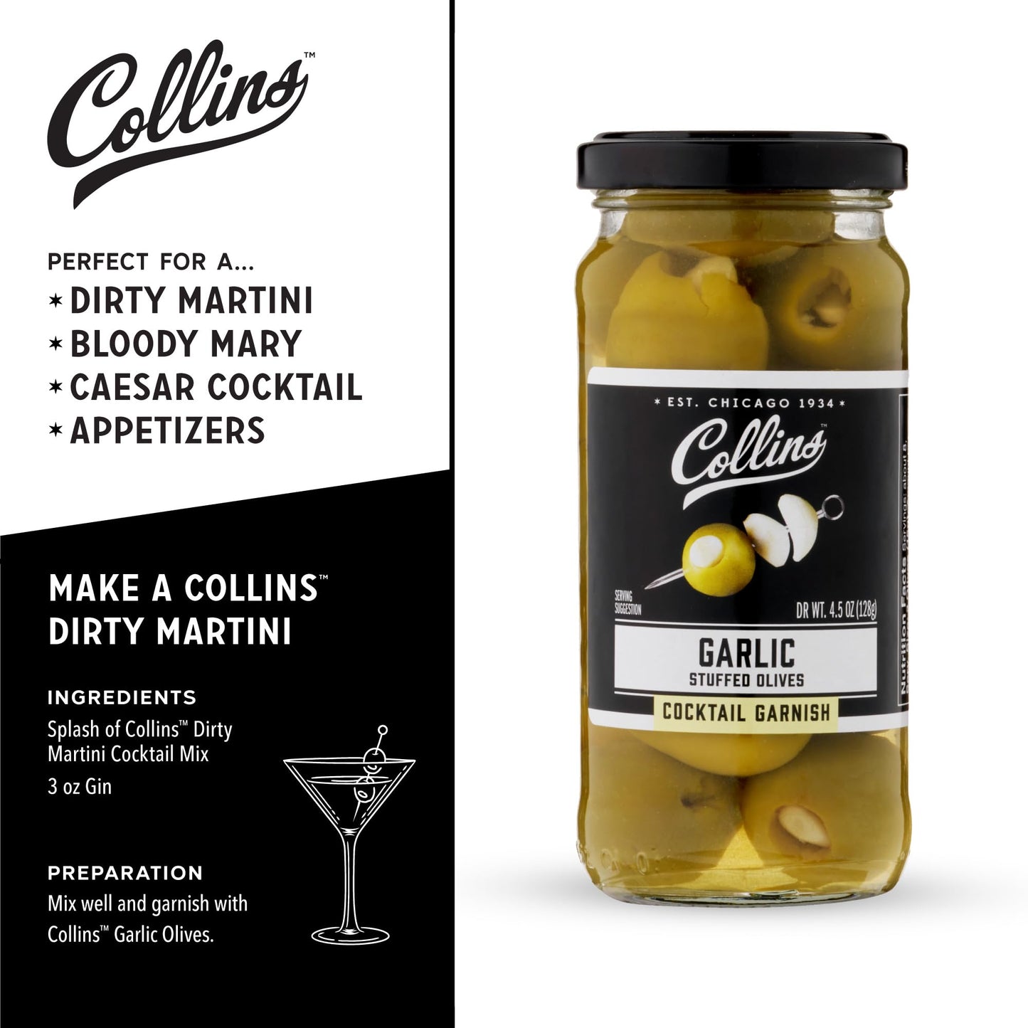 Collins Garlic Queen Olives | Premium Garlic-Stuffed Green Olives | 5 oz. | Black | Model O257