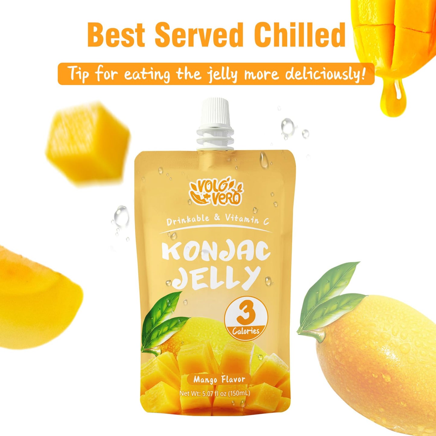 VOLO VERO Konjac Jelly Squeeze Pouch Mango Flavor, Low Calories (3 Kcal), 10 Packs, Gluten Free & Vegan, 0 Sugar, Keto, Low Carb