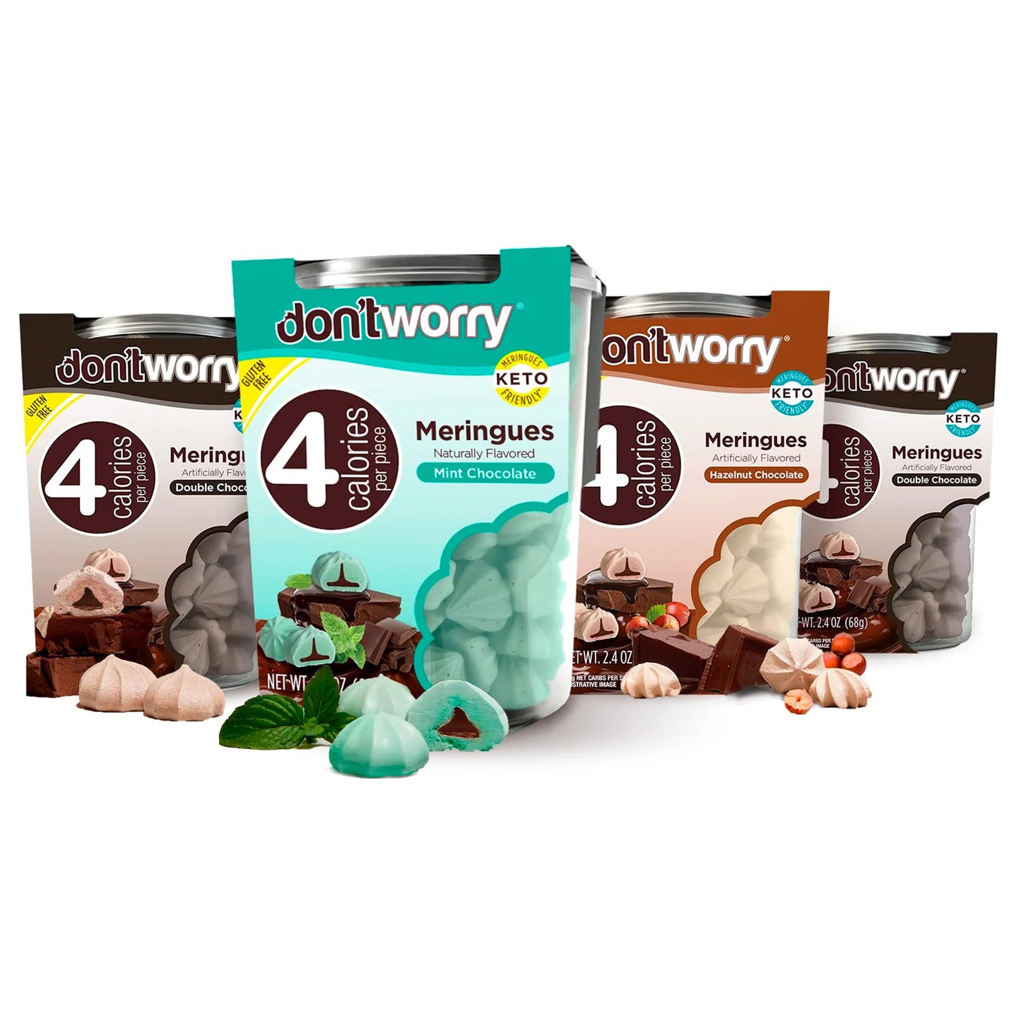 Don't Worry Low Calorie Meringue Cookies - 4 Pack - Hazelnut, Mint & Chocolate | Chocolate Filled Center |Only 4 Calories per Pi