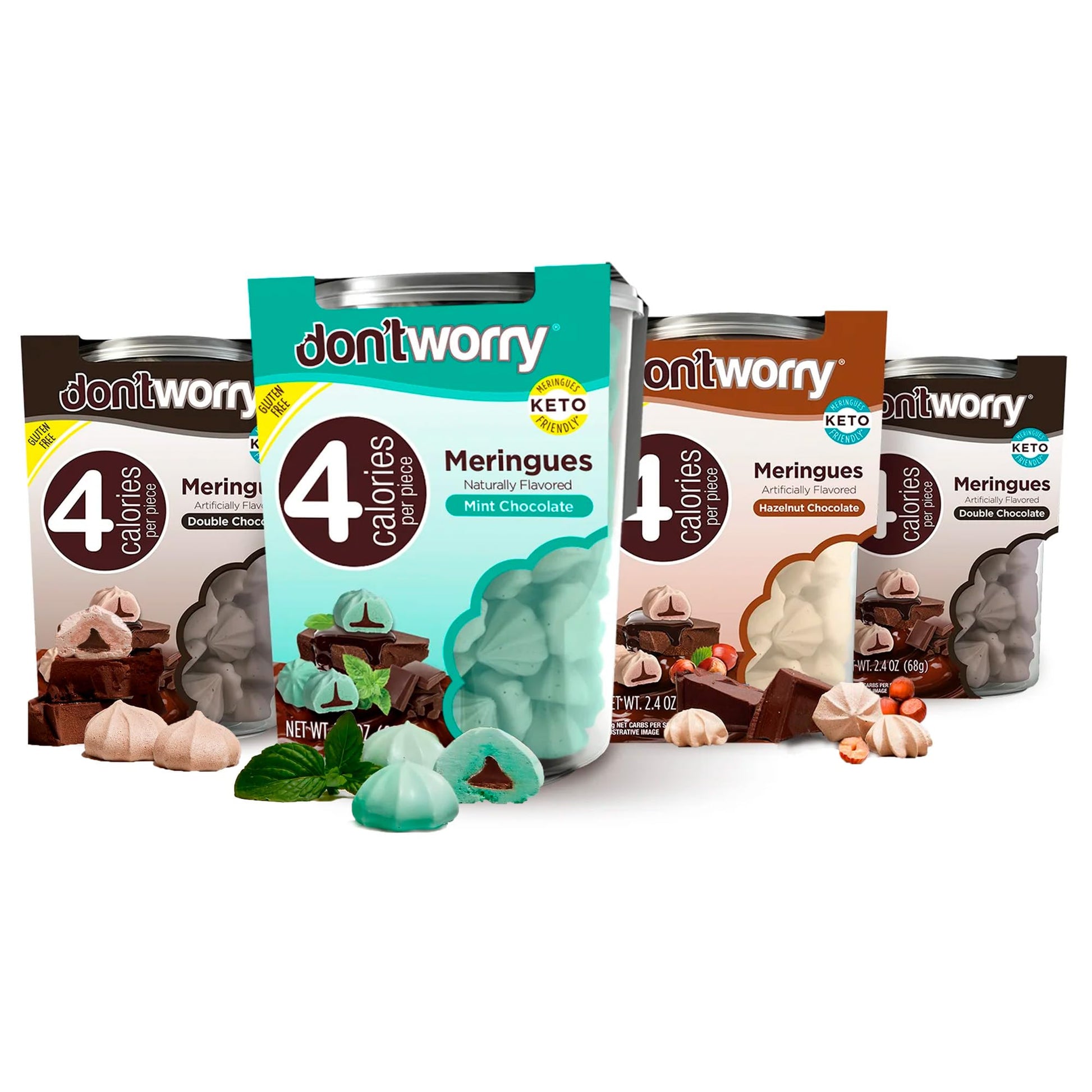 Don't Worry Low Calorie Meringue Cookies - 4 Pack - Hazelnut, Mint & Chocolate | Chocolate Filled Center |Only 4 Calories per Pi