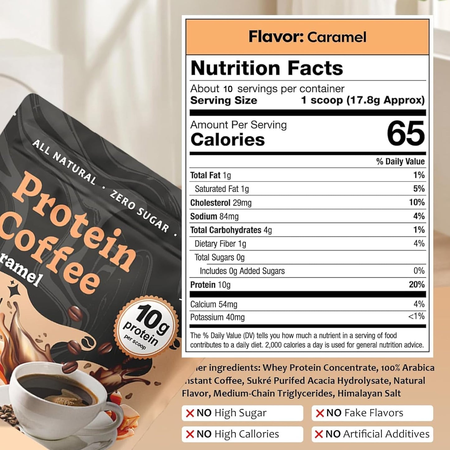 Caramel Protein Coffee Powder - enhanced Whey Protein & 100% Natural Cold Brew Coffee - Keto  Low Carb  Zero Sugar  No Artificial Flavors or Sweeteners  10 Servings (1pc)