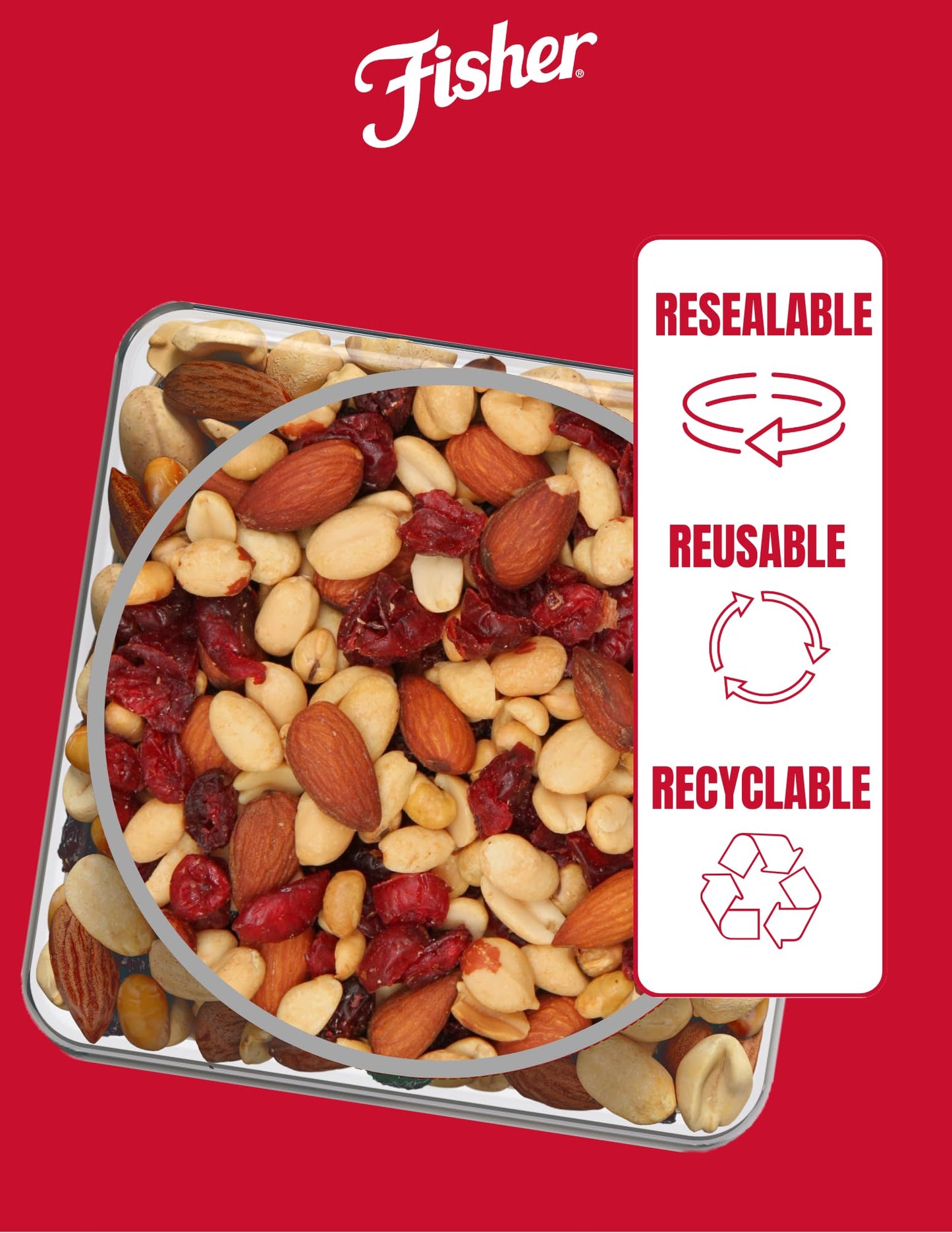 Fisher Snack Hunger Fighter Trail Mix, 38 Ounces, Peanuts, Almonds, Dried Sweetened Cranberries, Soy Nuts
