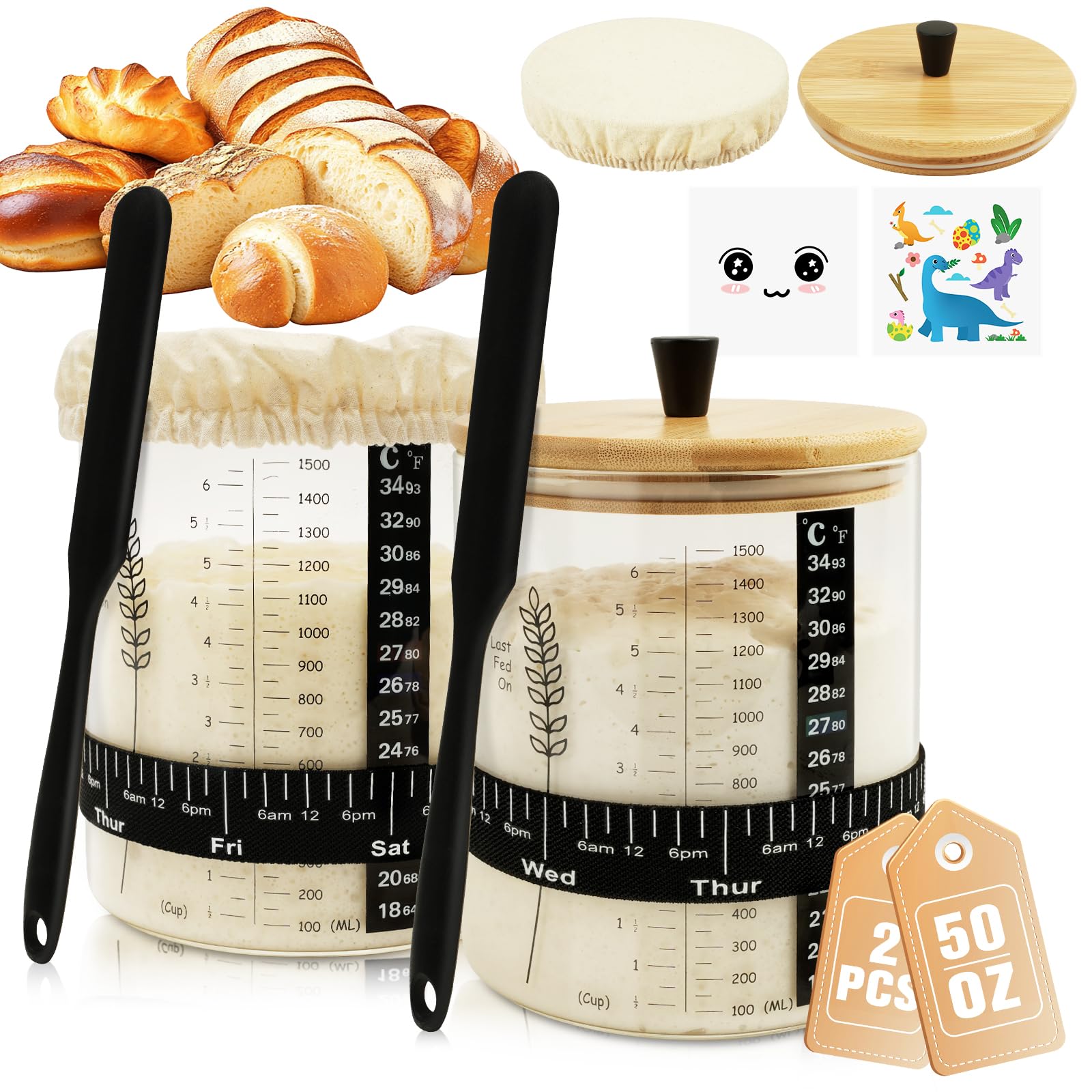Rakovar 50Oz Sourdough Starter Jar  Wide Mouth Sourdough Jar  Large Capacity Sourdough Starter Kit With Lid  Band  Date Tracker  Temp  Sourdough Bread Starter Kit For Perfect Sour Dough(2 Pack)