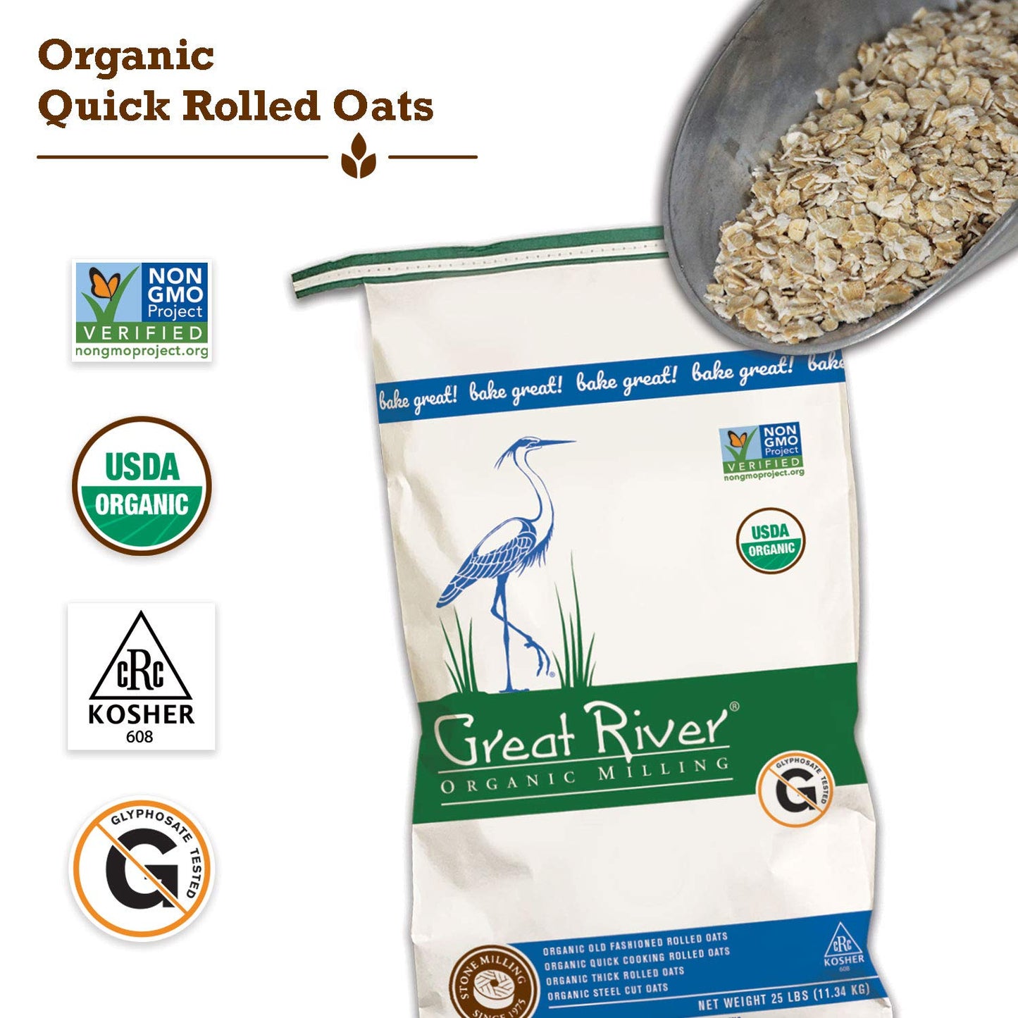 Great River Organic Milling Organic Quick Cooking Rolled Oats | USDA Organic, Non-GMO, Kosher | Whole Grain Oatmeal for Breakfas