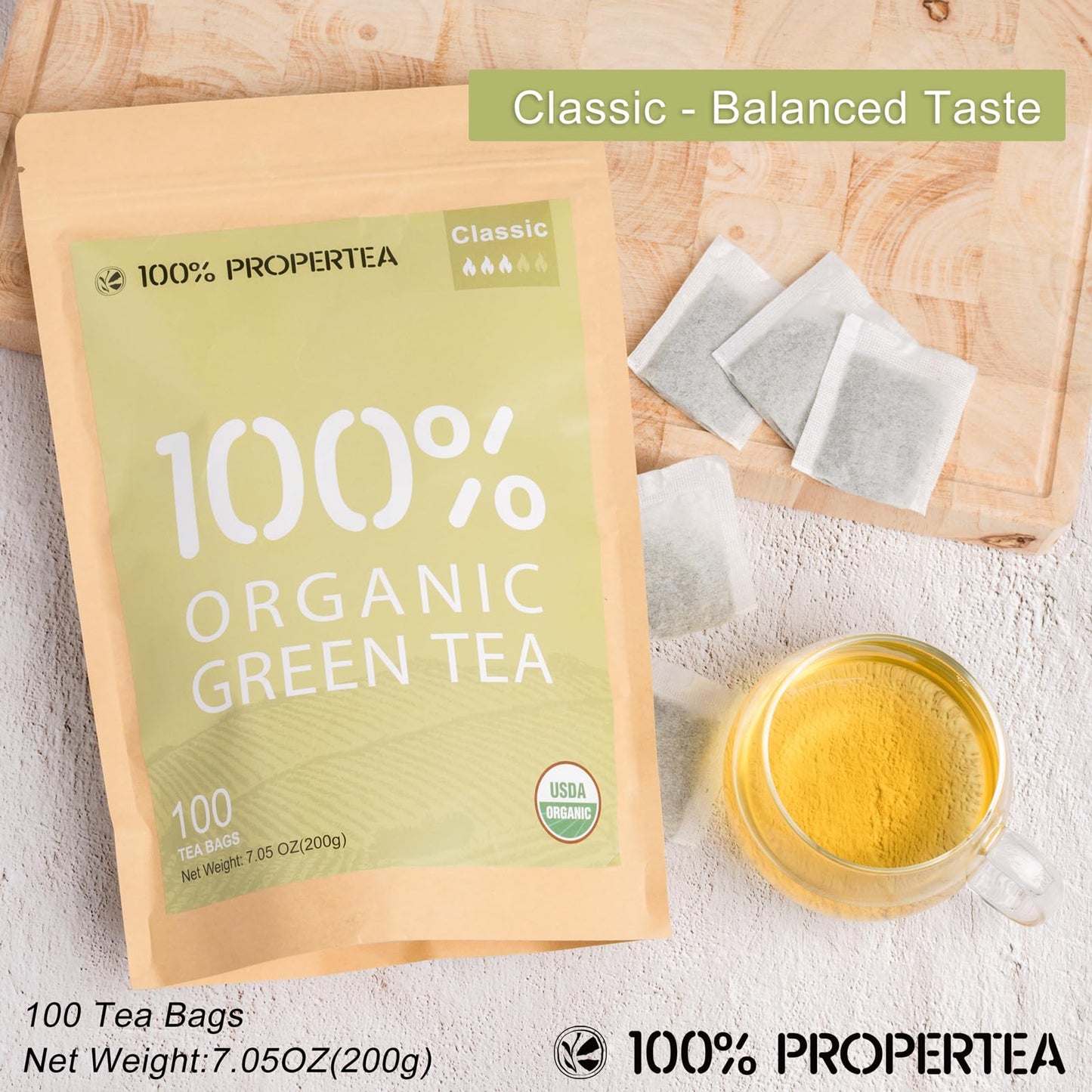 100% Propertea Organic Green Tea Bags, 100 Count Eco-Friendly Tea Bags, Classic Taste, Caffeinated, Rich In Antioxidants, Resealable Pouch