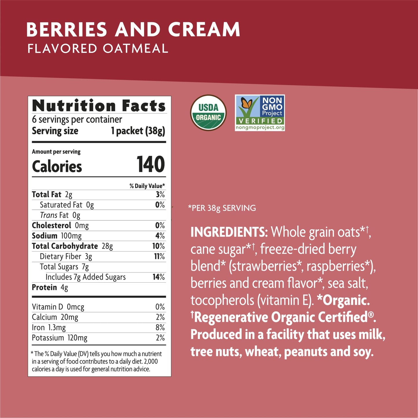 Natures Path Organic Regenerative Organic Certified Berries & Cream Instant Oatmeal, 8 oz (Pack of 1), Non-GMO