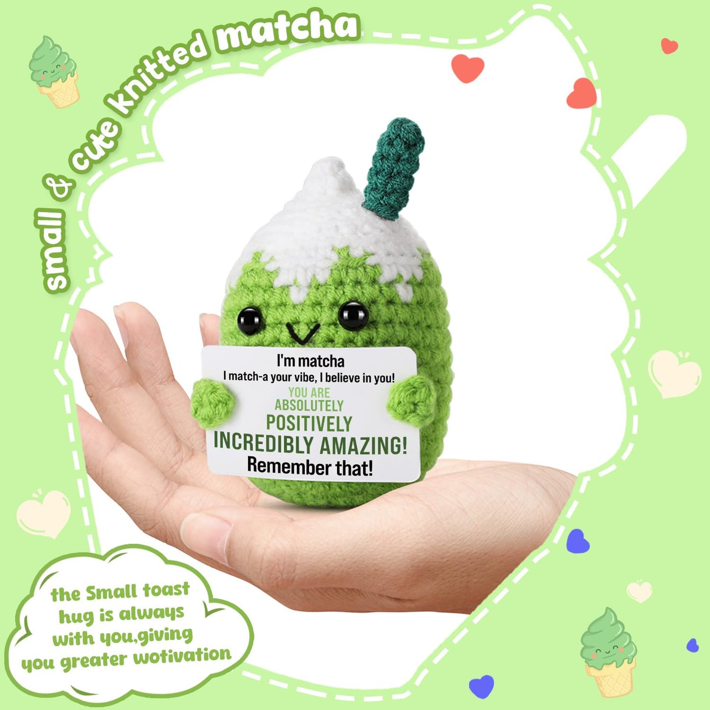 Ovrrcame Affirmations Crochet Matcha Buddy - Positive Vibes Card, 3.15 x 2 x 2 inches, You Are Amazing, Motivational Gift for Her