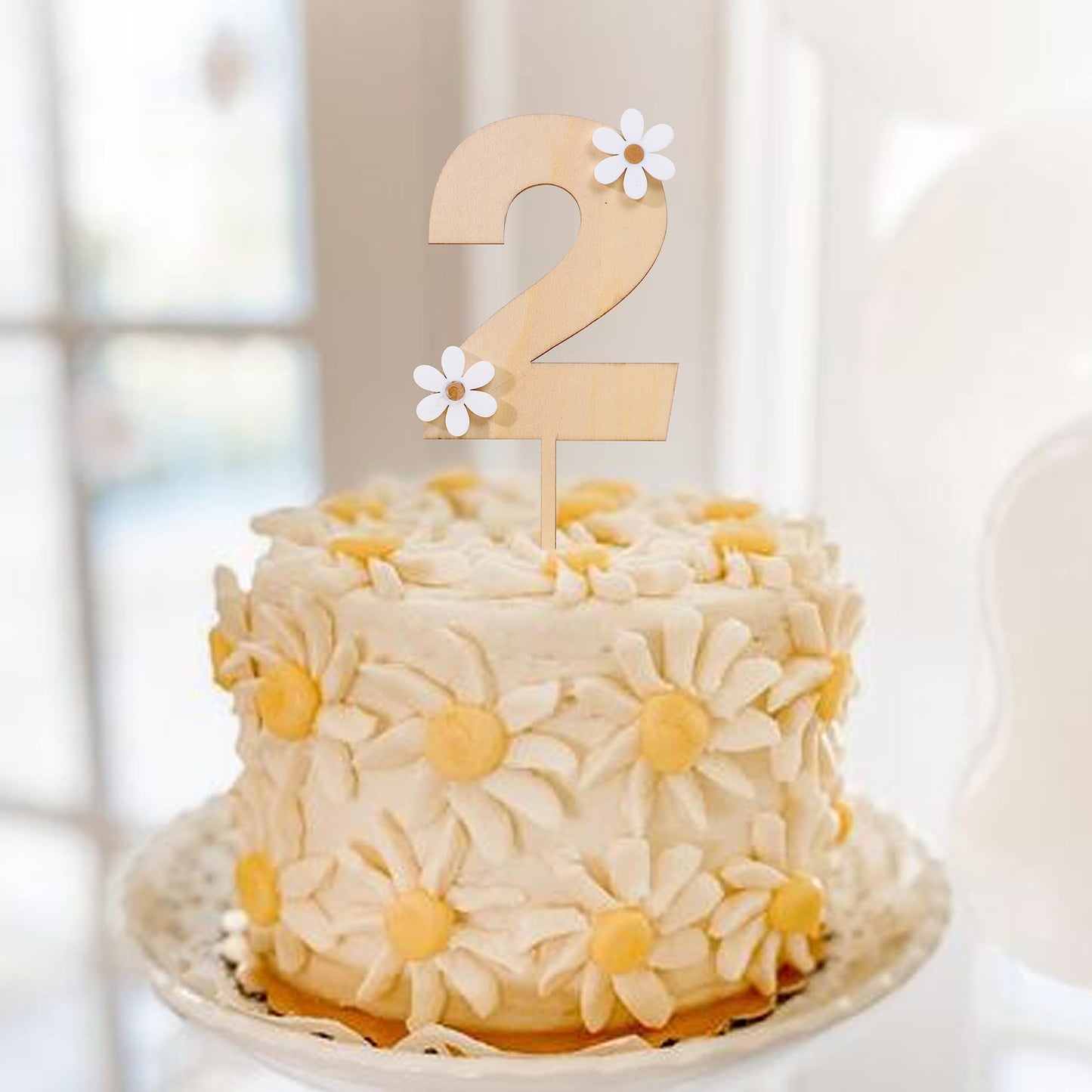 MAMUXI Wooden Daisy Cake Topper - 2nd Birthday Party Decor, Retro Boho Design, Light Cream
