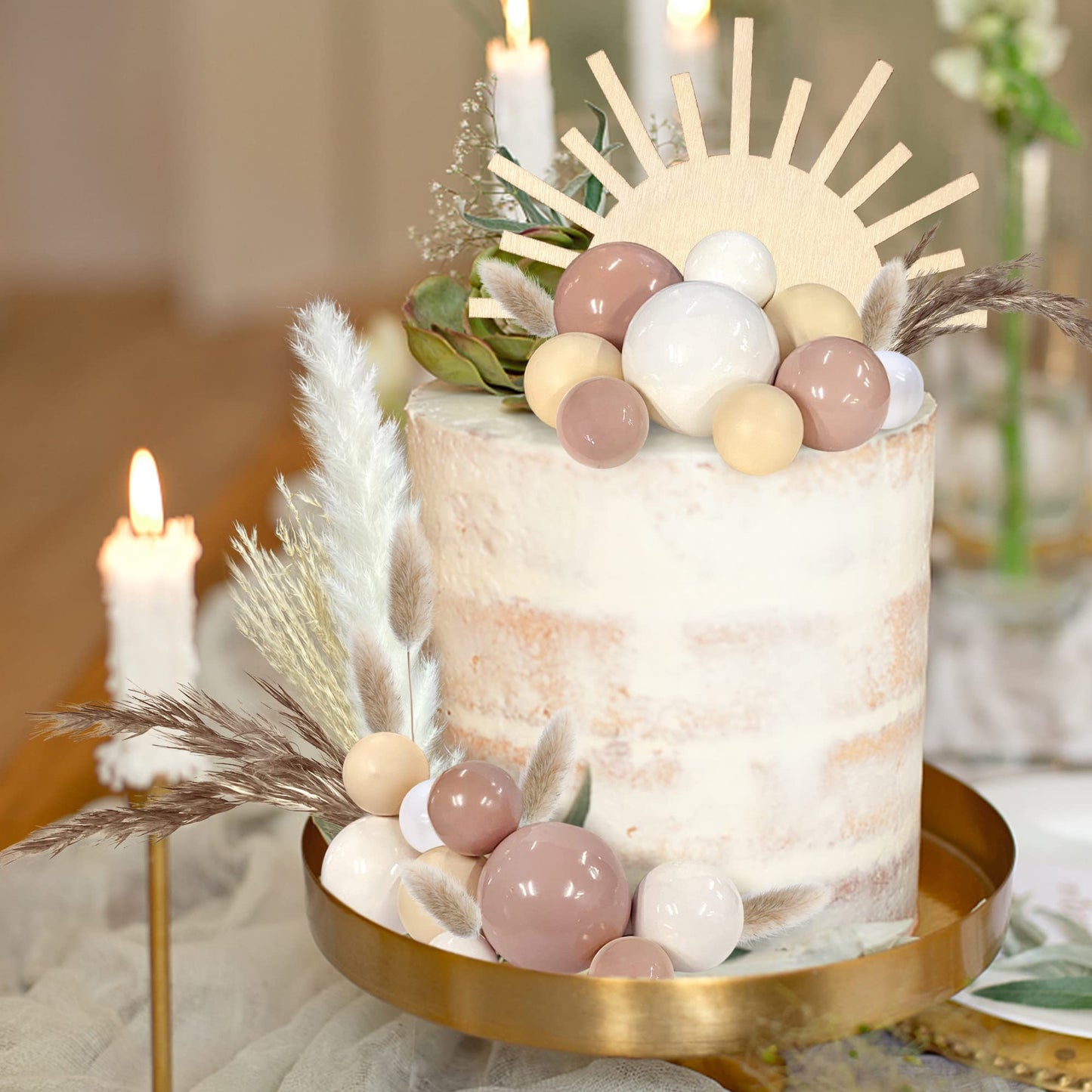 51 Pcs Boho Sun Wood Cake Toppers Mini Balls Cake Topper Various Dried Pampas Grass Cake Decor Bunny Tails Reed Grass White Pamp