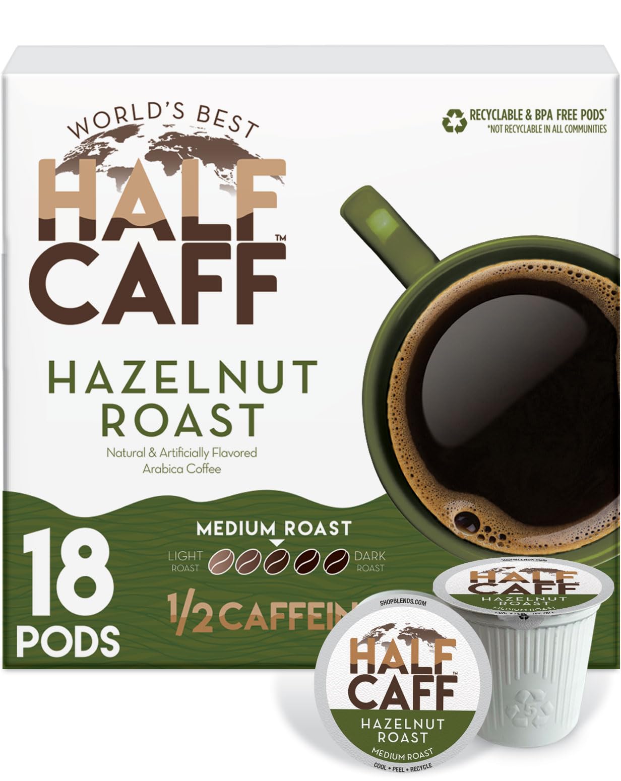 Worlds Best Half Caff Hazelnut Coffee Pods, Medium Roast, 18 Count, Compatible with Keurig K Cups, 100% Arabica Beans