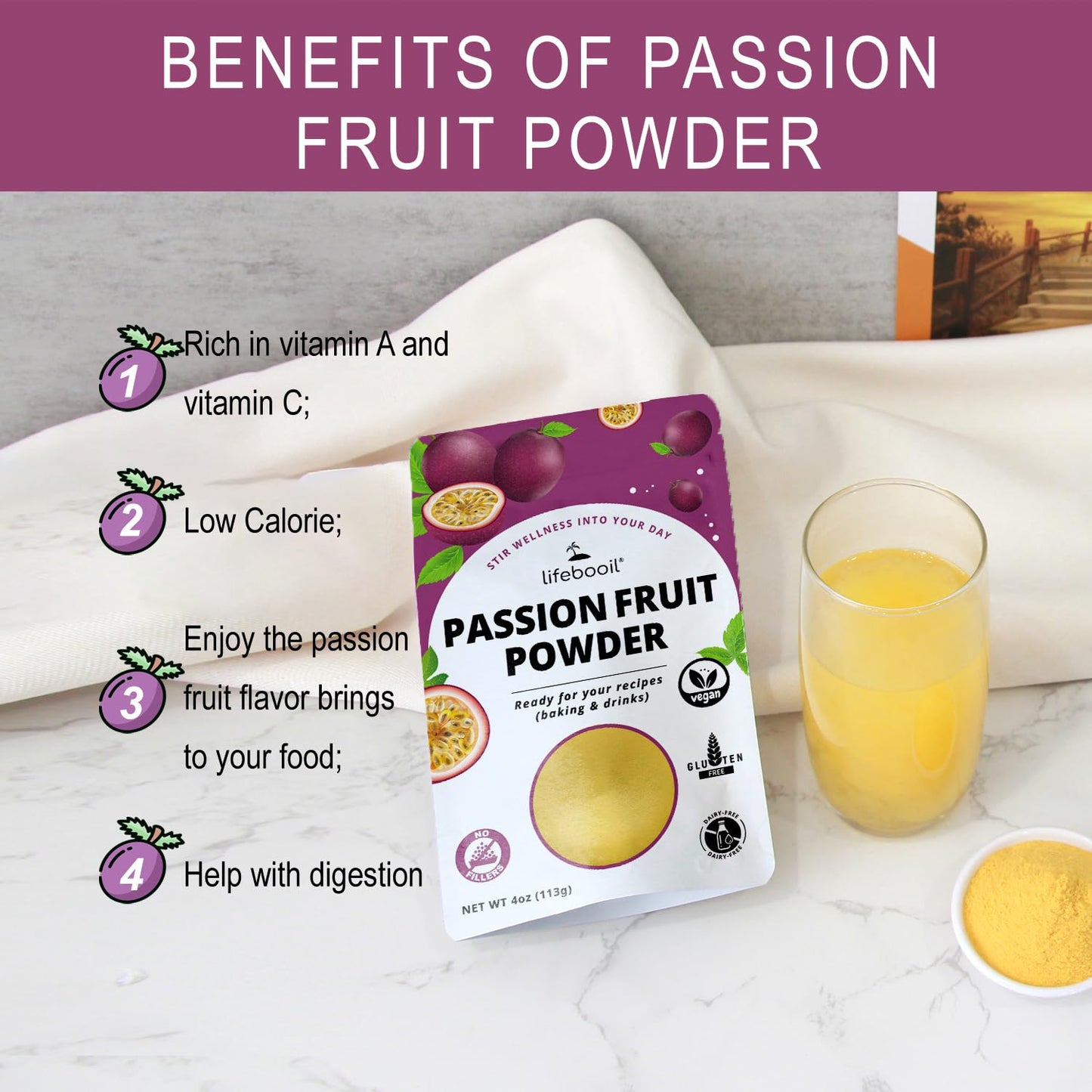 Passion Fruit Powder for Baking & Drinks & Smoothie,Vegan,Non-GMO,Gluten Free,No Additives and Preservatives,4oz