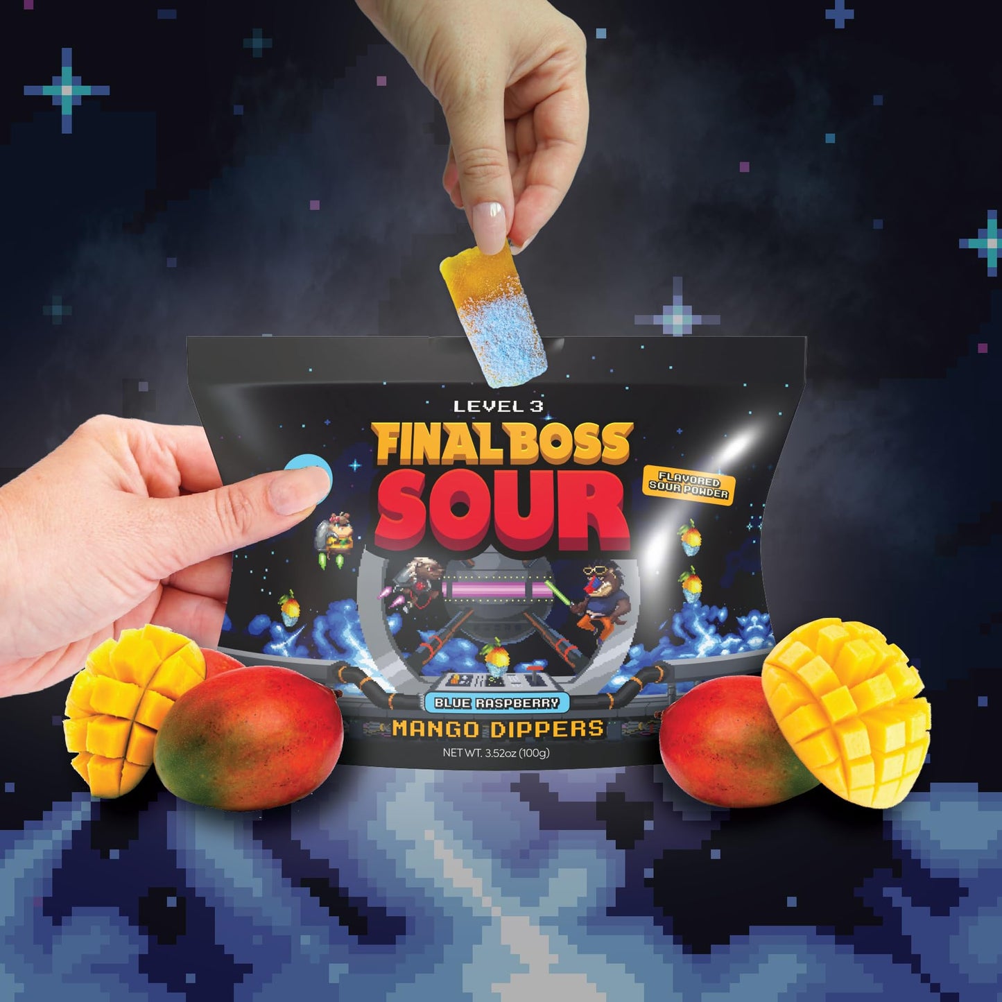 Final Boss Sour Candy, Fun Dip, Extreme Super Sour Blue Raspberry Powder With Real Candy-Tasting Dried Mangoes, (3.5 Ounces Bag)