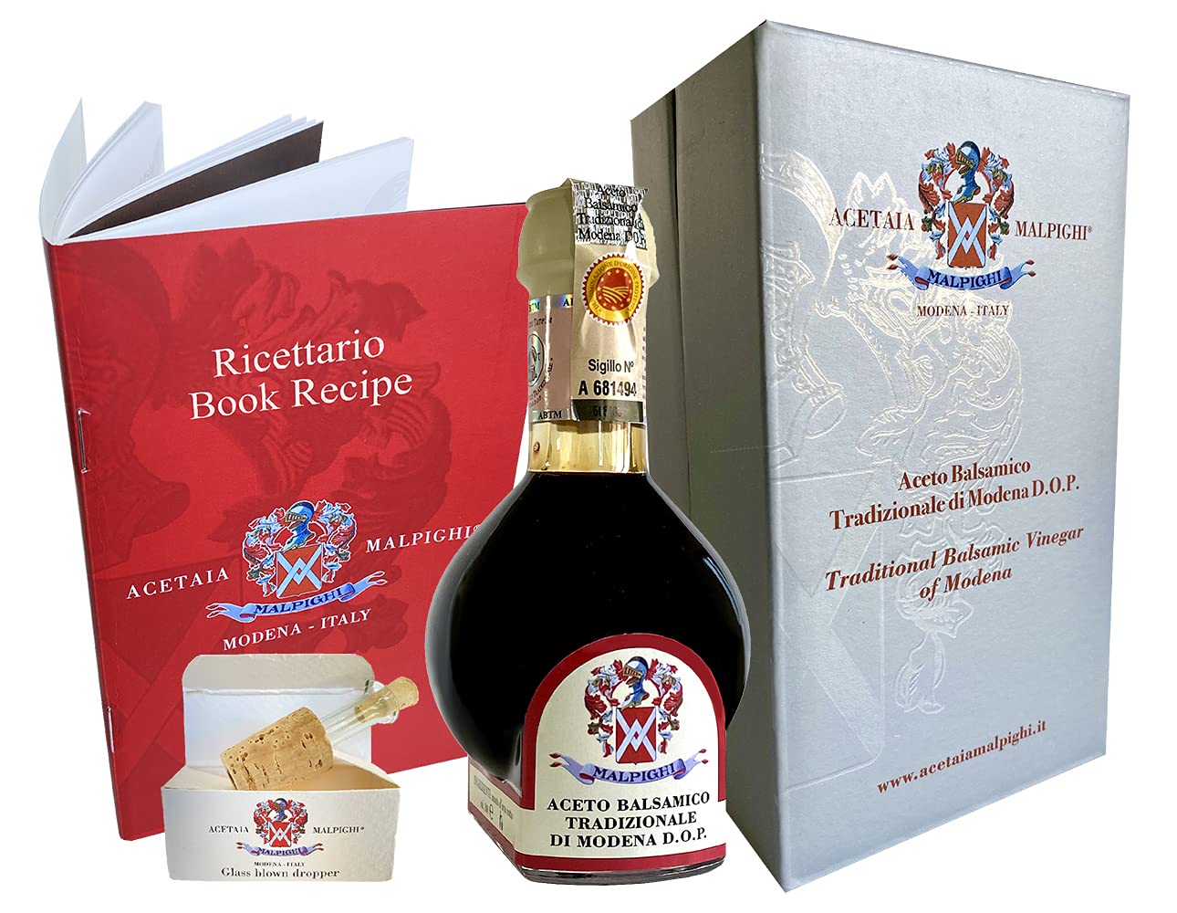 Acetaia Malpighi Traditional Balsamic Vinegar of Modena PDO, 12 Years Old, 3.4 oz with Tic Doser & Recipe Book