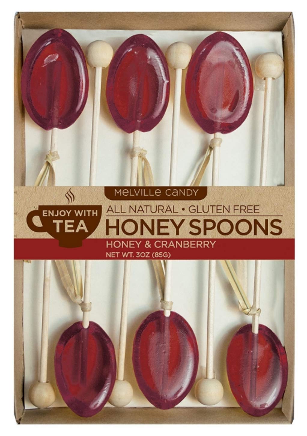 Melville Candy Honey Spoon Gift Set - Spoons & Lollipops On Wooden Ball Sticks - Gluten-Free  Made In Usa Stirrers For Tea  Coffee  & Hot Beverages - Individually Wrapped (6-Count  Pomegranate)