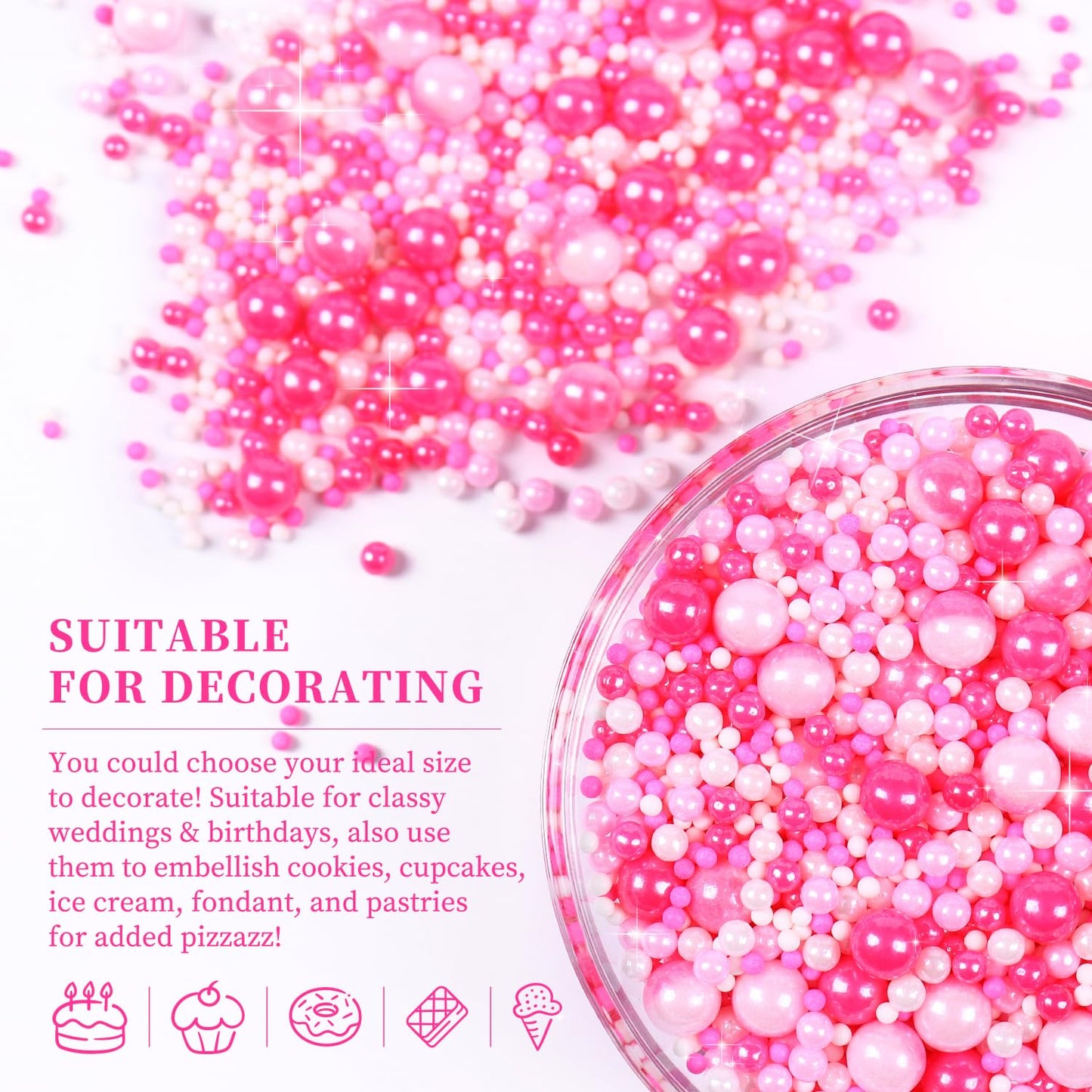 Edible Pink Sprinkles For Cake Decorating, Pearl Sprinkles, Edible Pearls, Cake Pearls For Baby Showers, Weddings, Birthdays, Ge
