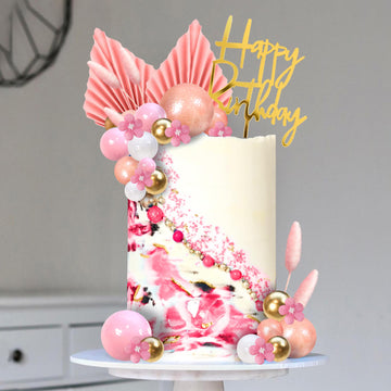 Flower Boho Cake Topper Ball Cake Decorations Rose Gold And Pink Balls Happy Birthday Boho Grass Cake Toppers For Wedding Baby S
