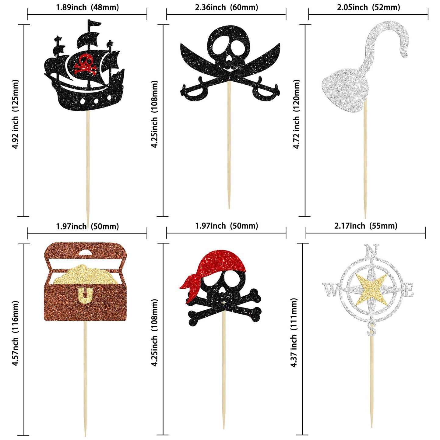 Gyufise 24Pcs Pirate Cupcake Toppers Glitter Nautical Sailing Skull Cap Flag Cupcake Picks For Pirate Theme Baby Shower Kids Bir