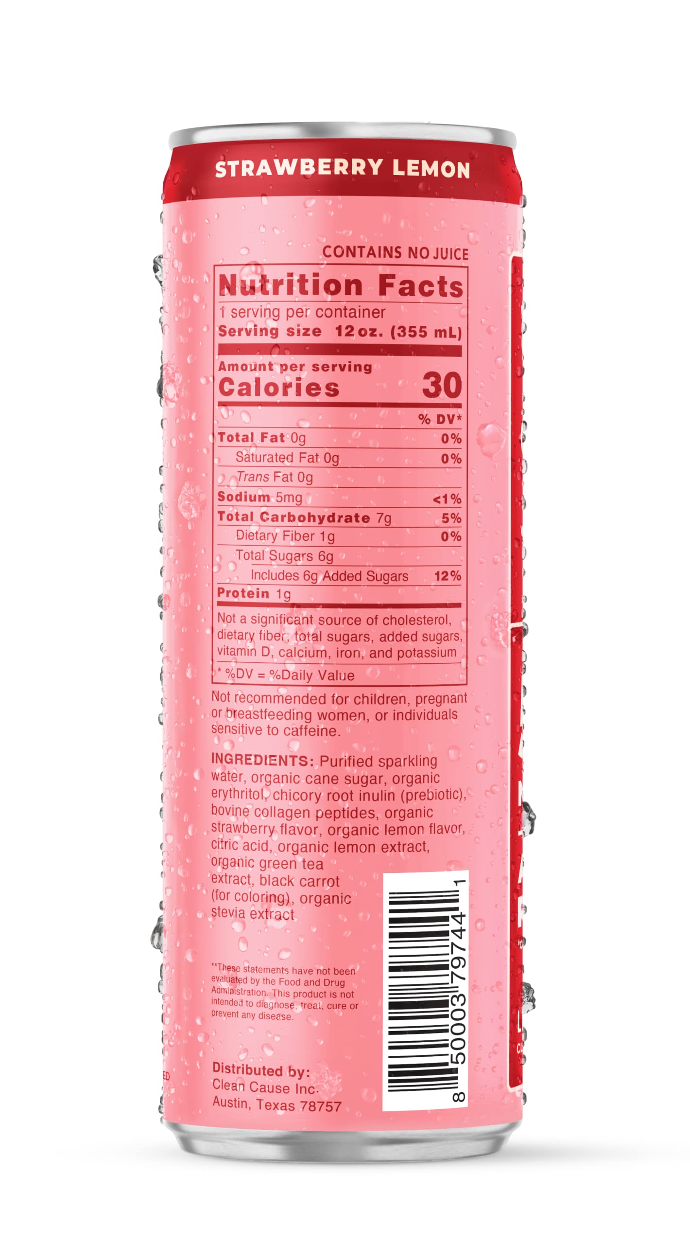 CLEAN CAUSE Strawberry Lemon Sparkling Drink, 12-Pack Case, 12oz Cans, Low Sugar, 120mg Caffeine, Healthy Soda Alternative