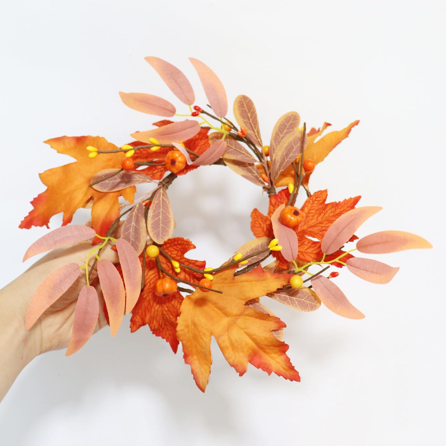 napmedon 2 Pieces Pumpkins Candle Rings Wreaths Mini Autumn Decoration 10inch Orange Silk DTM0096-2pc