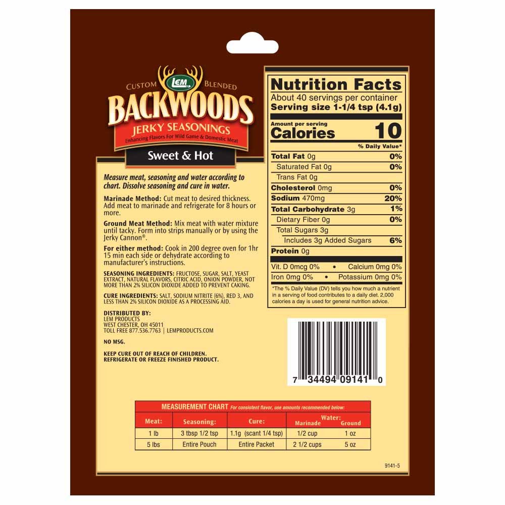 LEM Backwoods Sweet & Hot Jerky Seasoning, 5.8 oz Packet, Ideal for Wild Game & Domestic Meat, Model 9141