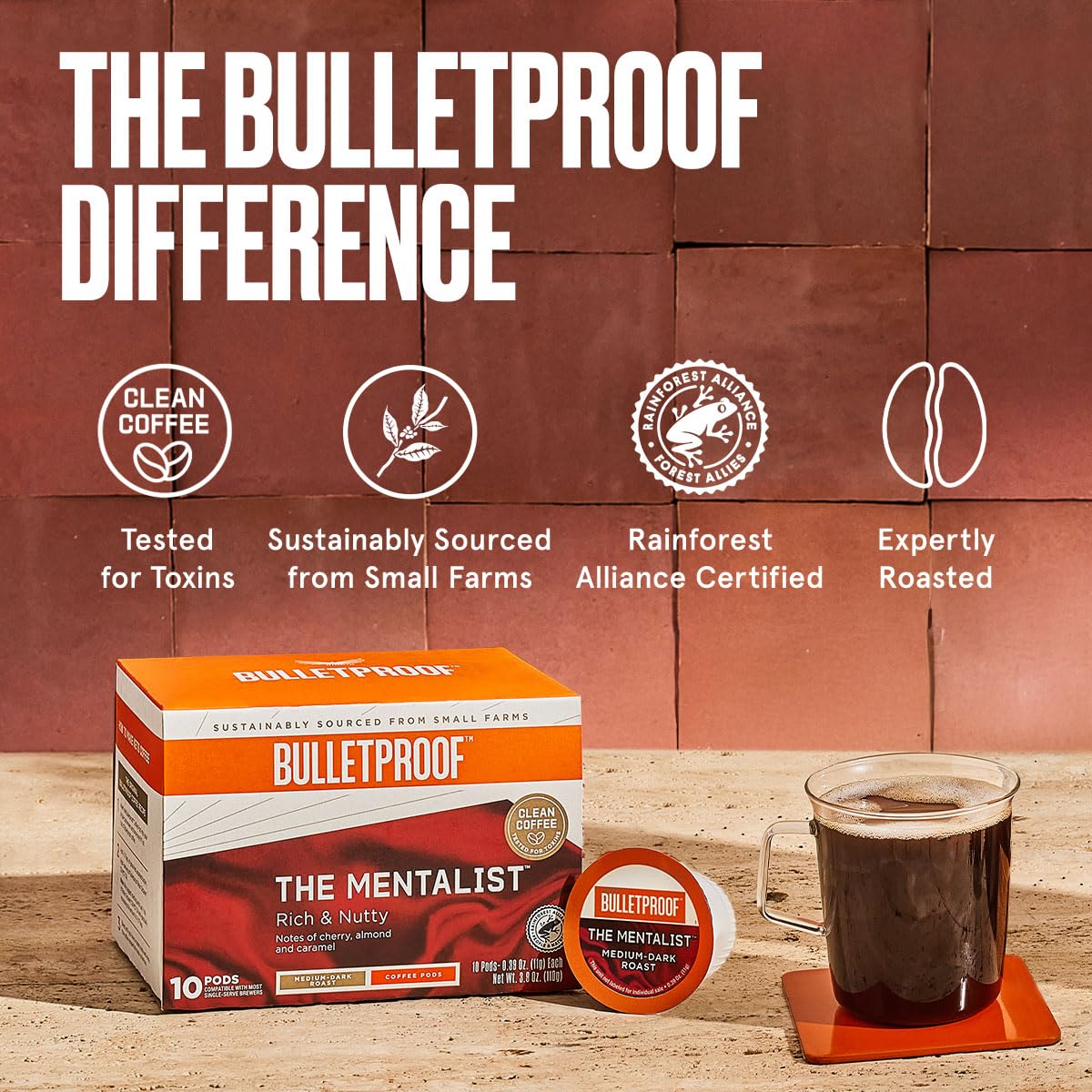 Bulletproof The Mentalist Medium-Dark Roast Single-Serve Pods, 10 Count, 100% Arabica Coffee Sourced From Central And South Amer