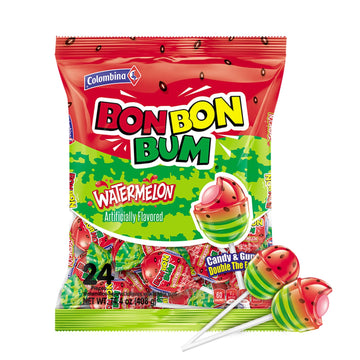 Colombina Bon Bon Bum Lollipops W/Bubble Gum Center, Watermelon Flavor, Individually Wrapped, Ideal For Party Favors And Gifts,