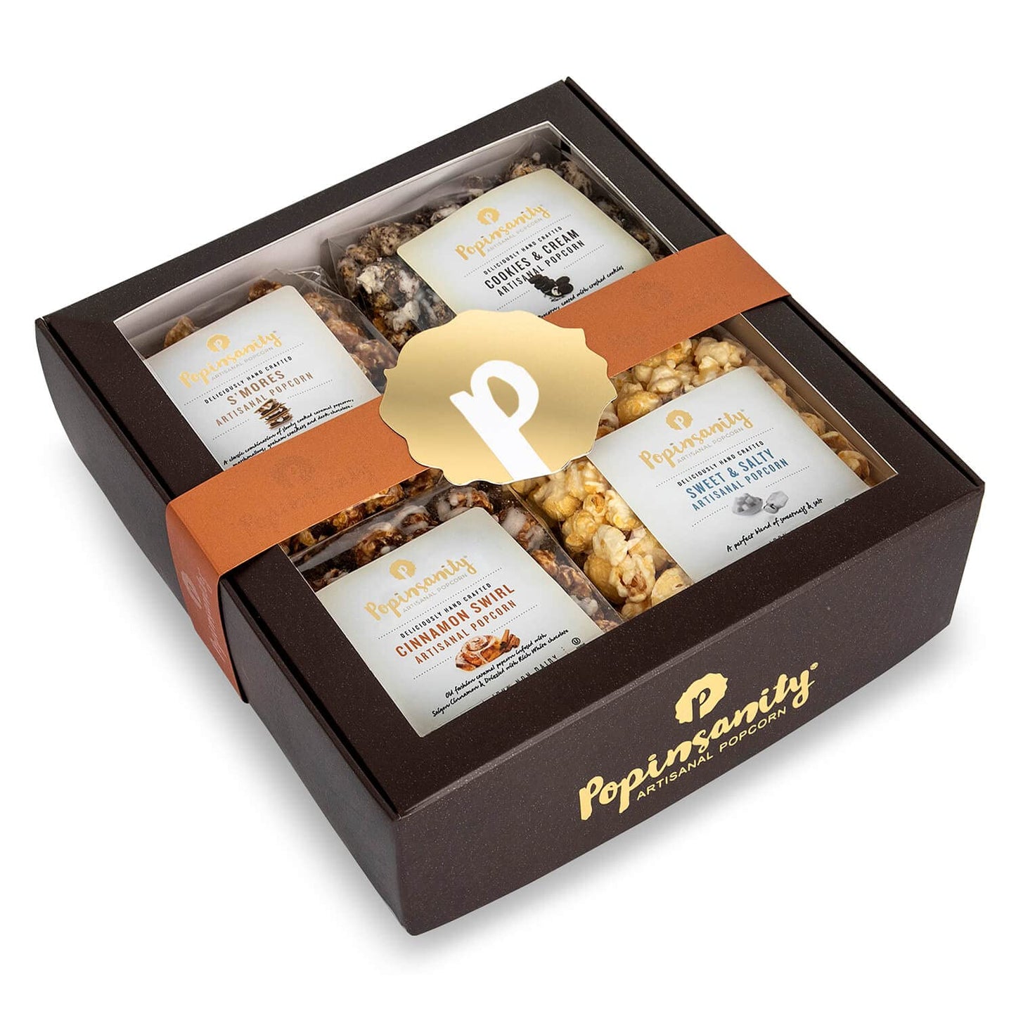 Popinsanity Gourmet Popcorn Gift Set In A Deep Chocolate Brown Deluxe Box. Overflowing With 4 Bags X 6 Oz Most Popular Popped Popcorn Flavors. Kosher, Non-Gmo, Dairy-Free. Variety Prime Gift Basket.