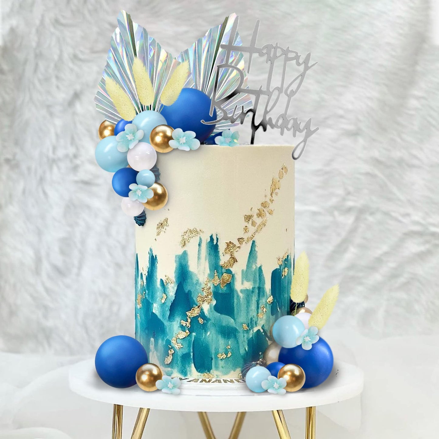Flower Boho Cake Topper Ball Cake Decorations Navy Blue Balls Happy Birthday Boho Grass Cake Toppers For Wedding Baby Shower Bir