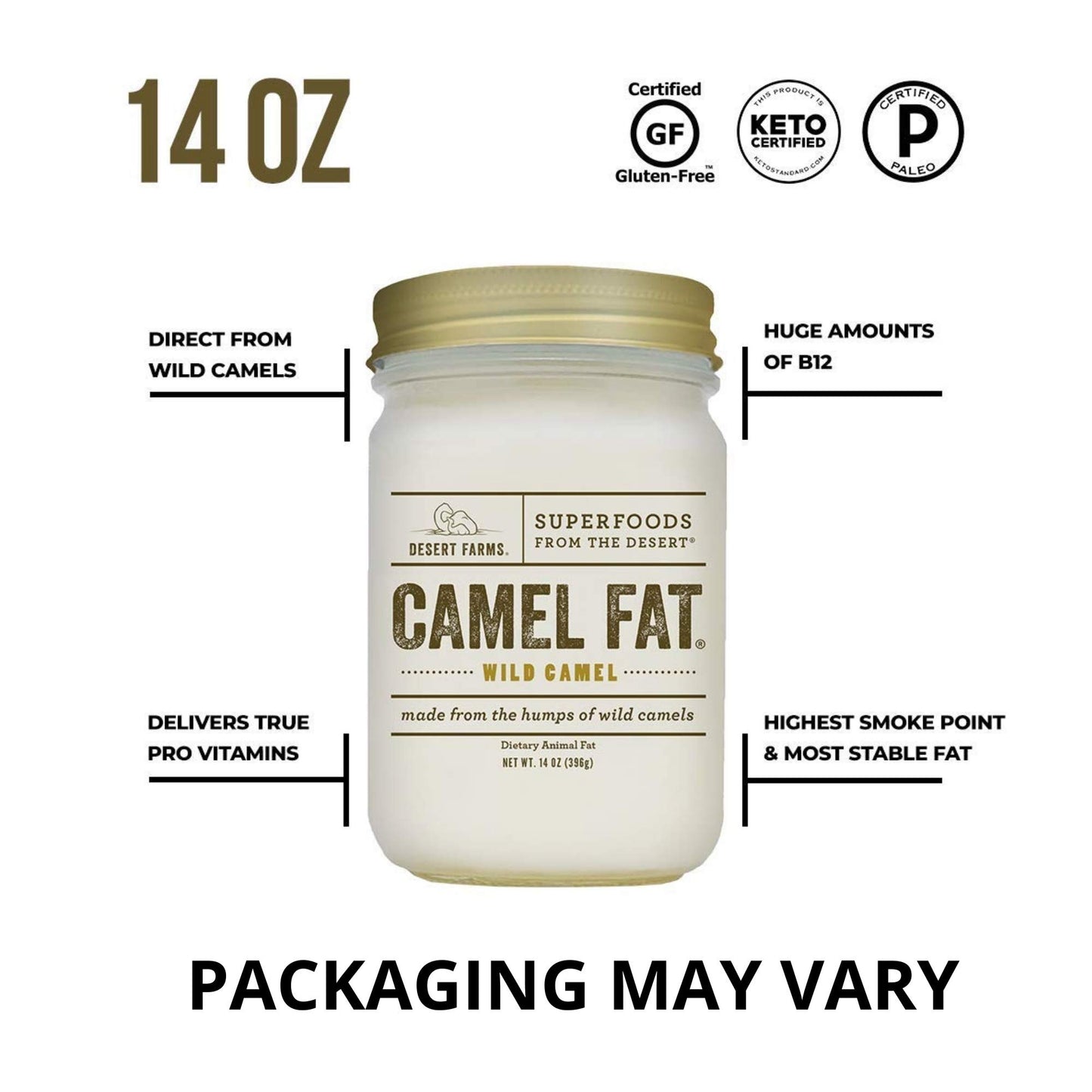 Desert Farms Organic Camel Hump Fat - Halal, Paleo, Keto - 14 oz - Gluten-Free, High Smoke Point