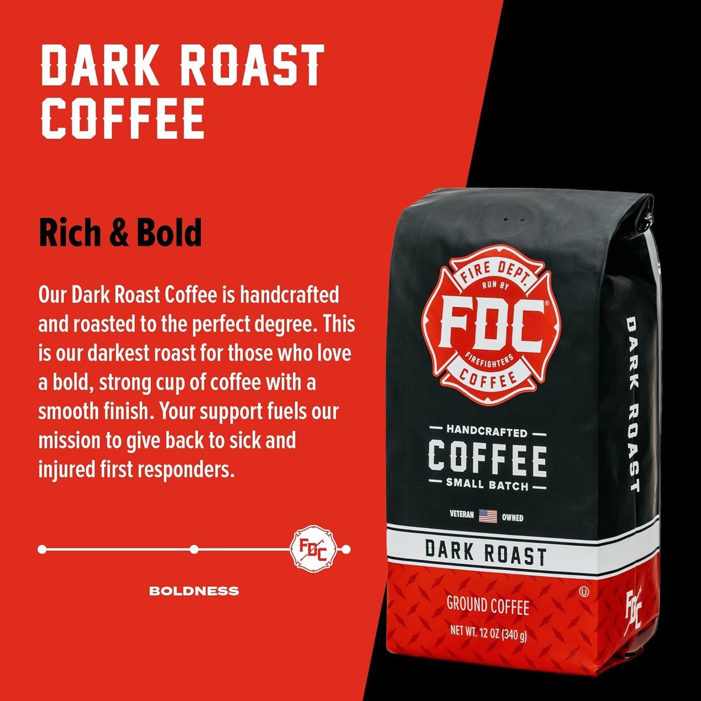 Fire Department Coffee Dark Roast Whole Bean Coffee, Bold & Smooth, 12 oz (Pack of 2), Veteran Owned, Roasted in the USA