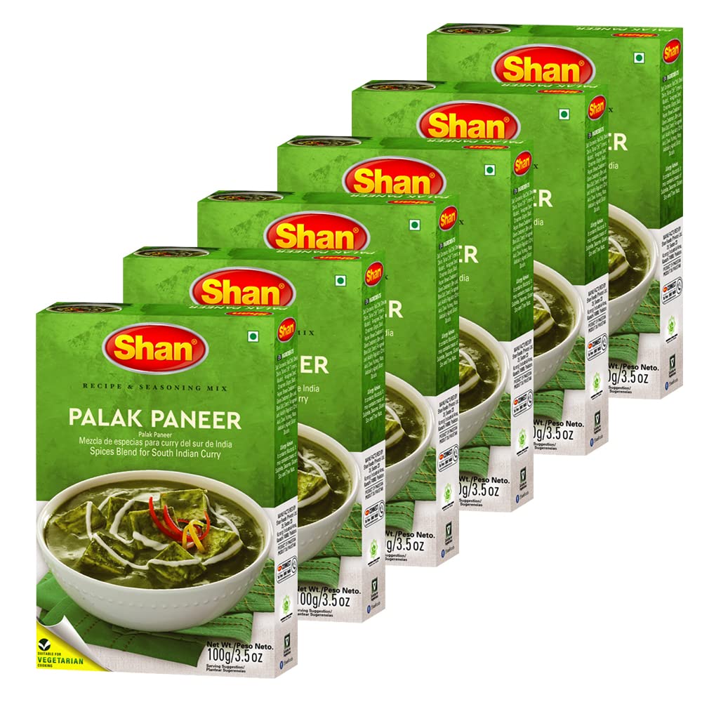 Shan Palak Paneer Recipe & Seasoning Mix 100g (3.52oz) Pack of 6 - Mix for Spinach and Cheese - Suitable for Vegetarians - Airti