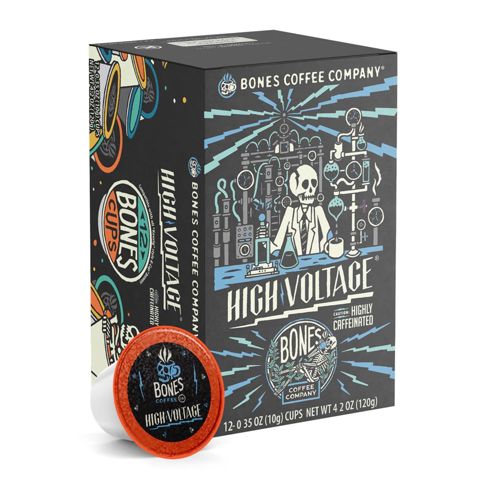 Bones Coffee Company Flavored Coffee Bones Cups High Voltage Flavored Pods | 12Ct Single-Serve Coffee Pods Compatible With Keurig 1.0 & 2.0 Keurig Coffee Maker