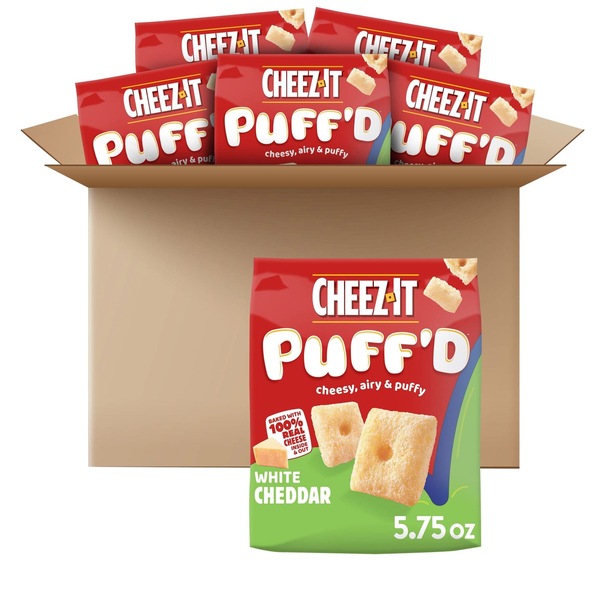 Cheez-It Puff 'D Cheesy Baked Snacks, Puffed Snack Crackers, Kids Snacks, White Cheddar, 2.156Lb Case (6 Bags)