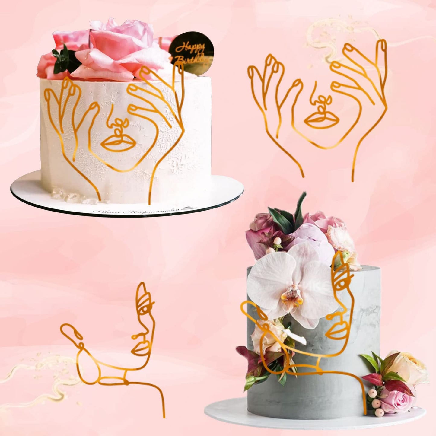 12 Pcs Acrylic Lady Face Cake Topper Minimalist Art Happy Birthday Cake Toppers Women Wedding Cake Decoration For Wedding Birthd