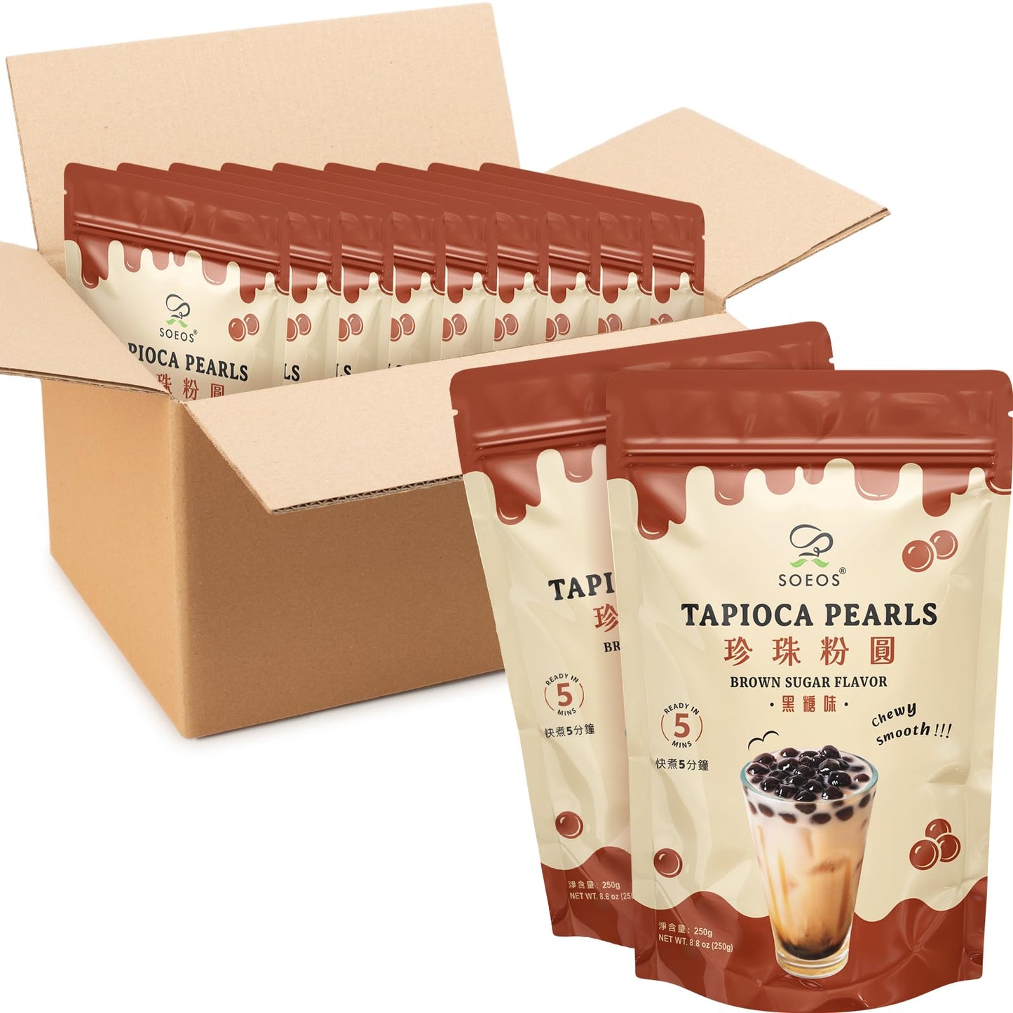 Soeos Boba Pearls, Black Tapioca Pearls 8.8 oz(Pack of 36), Black Sugar Flavor Boba Pearls for Bubble Tea, Smoothies & Desserts 