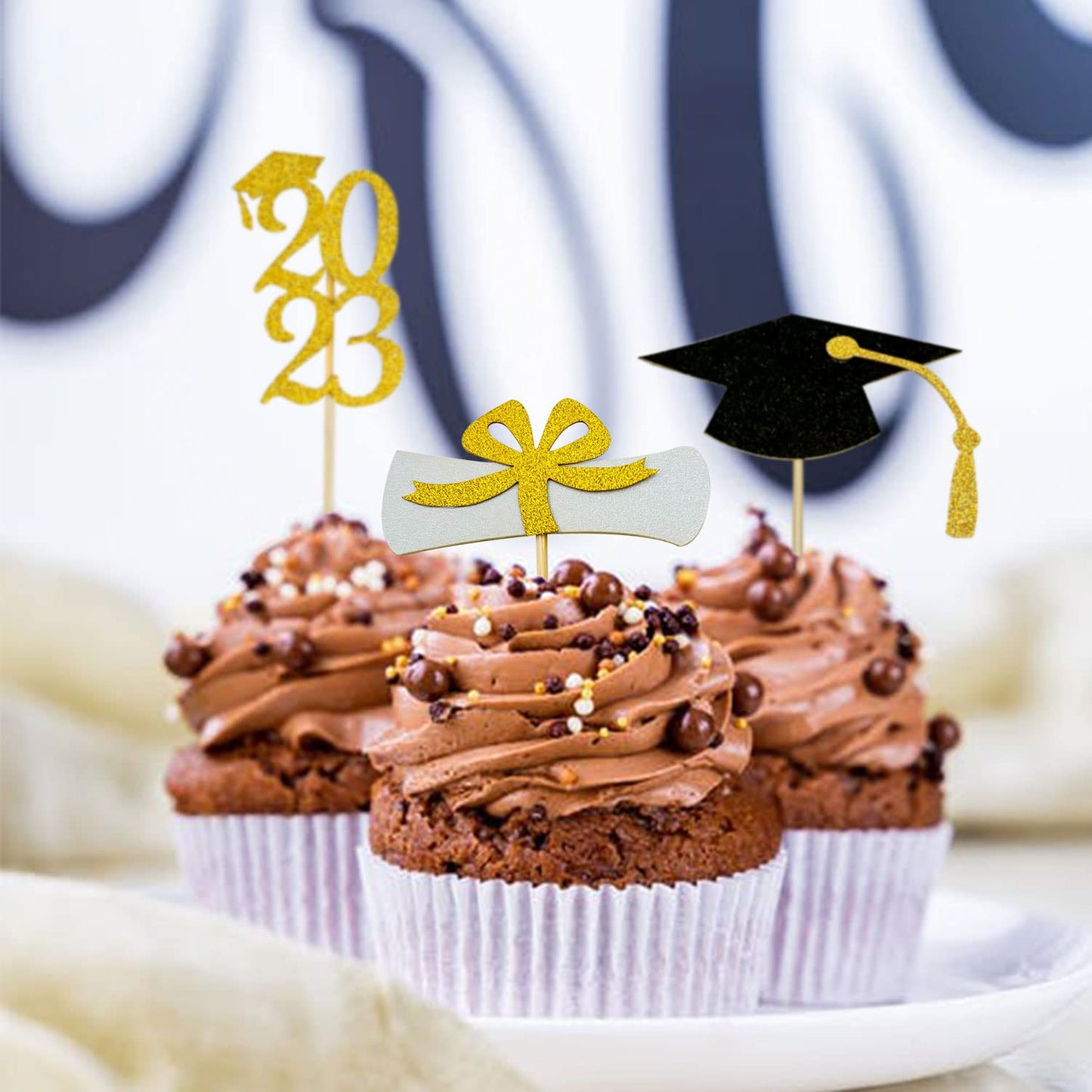 2024 Glittery Graduation Cupcake Toppers (48 Pieces) Gold And Black Class Of 2024 Graduation Cap Diploma Cupcake Toppers For Gra