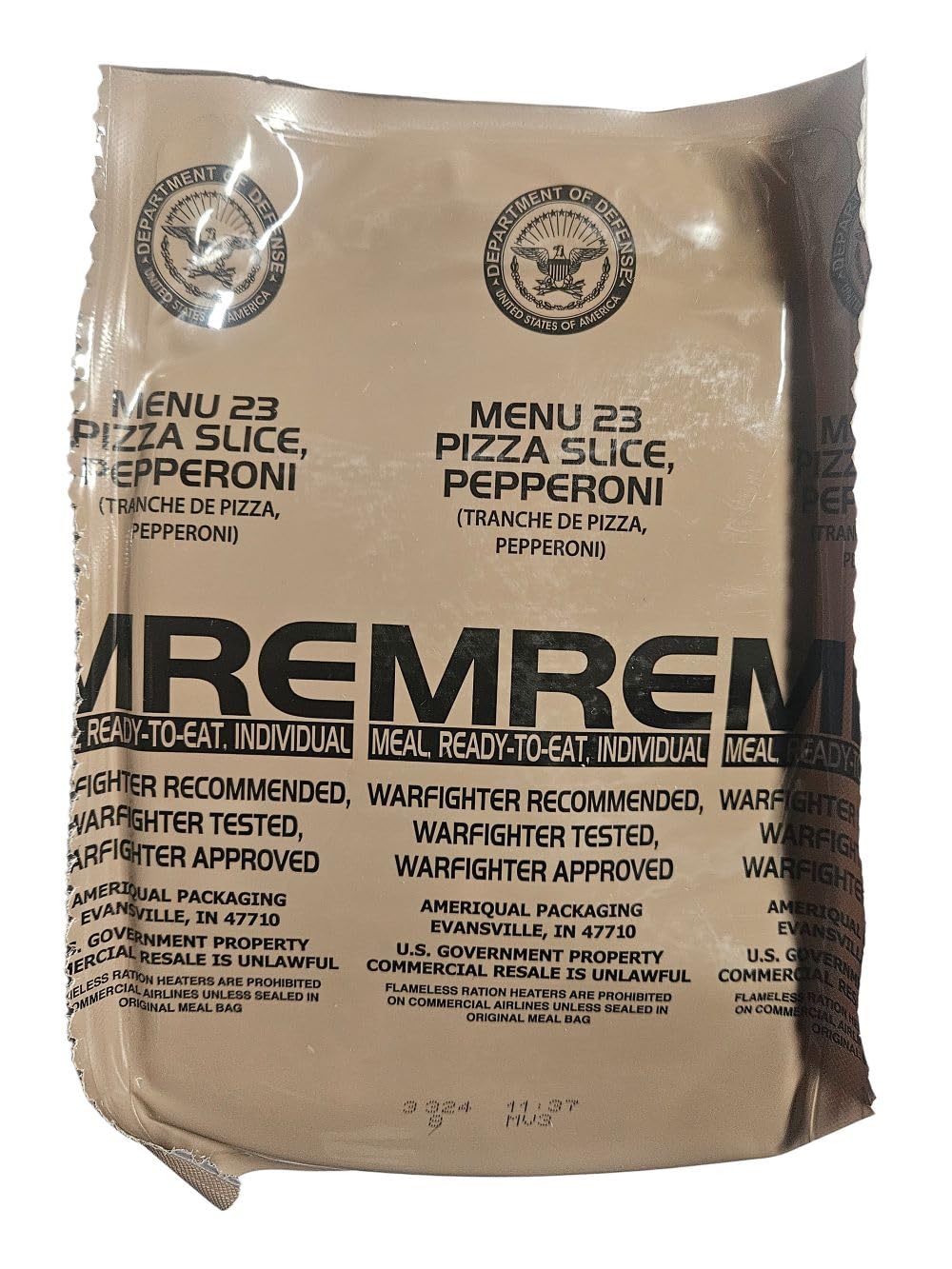 EPIDEMIC PROOF Genuine USGI MRE Meal, Ready to Eat - Pepperoni Pizza, Includes Entree, Snacks, Dessert, Drink Mix, Utensils, Condiments