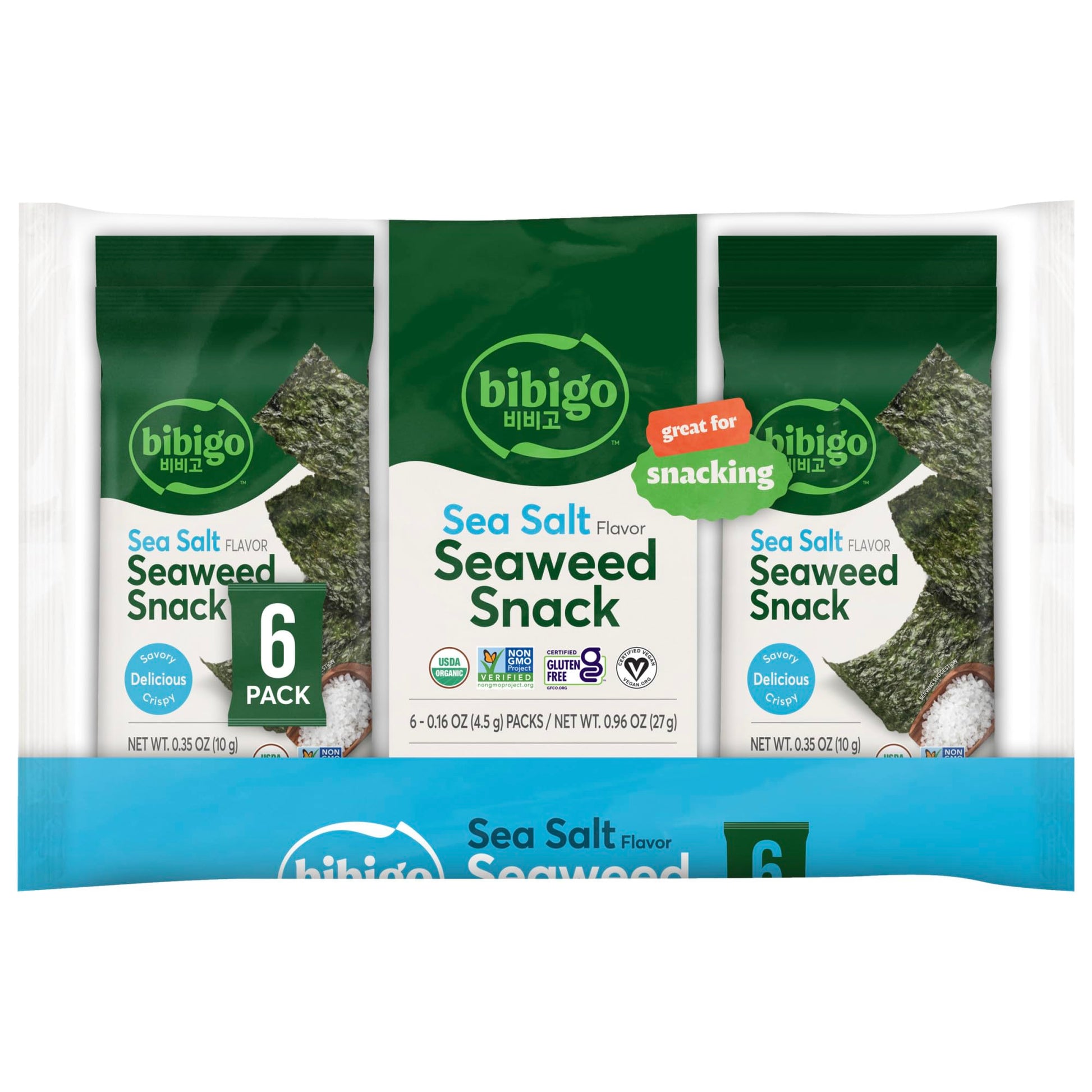 Bibigo Sea Salt Flavored Seaweed Snacks, 6 Individual Packets, 0.16 Ounce (Pack of 6)