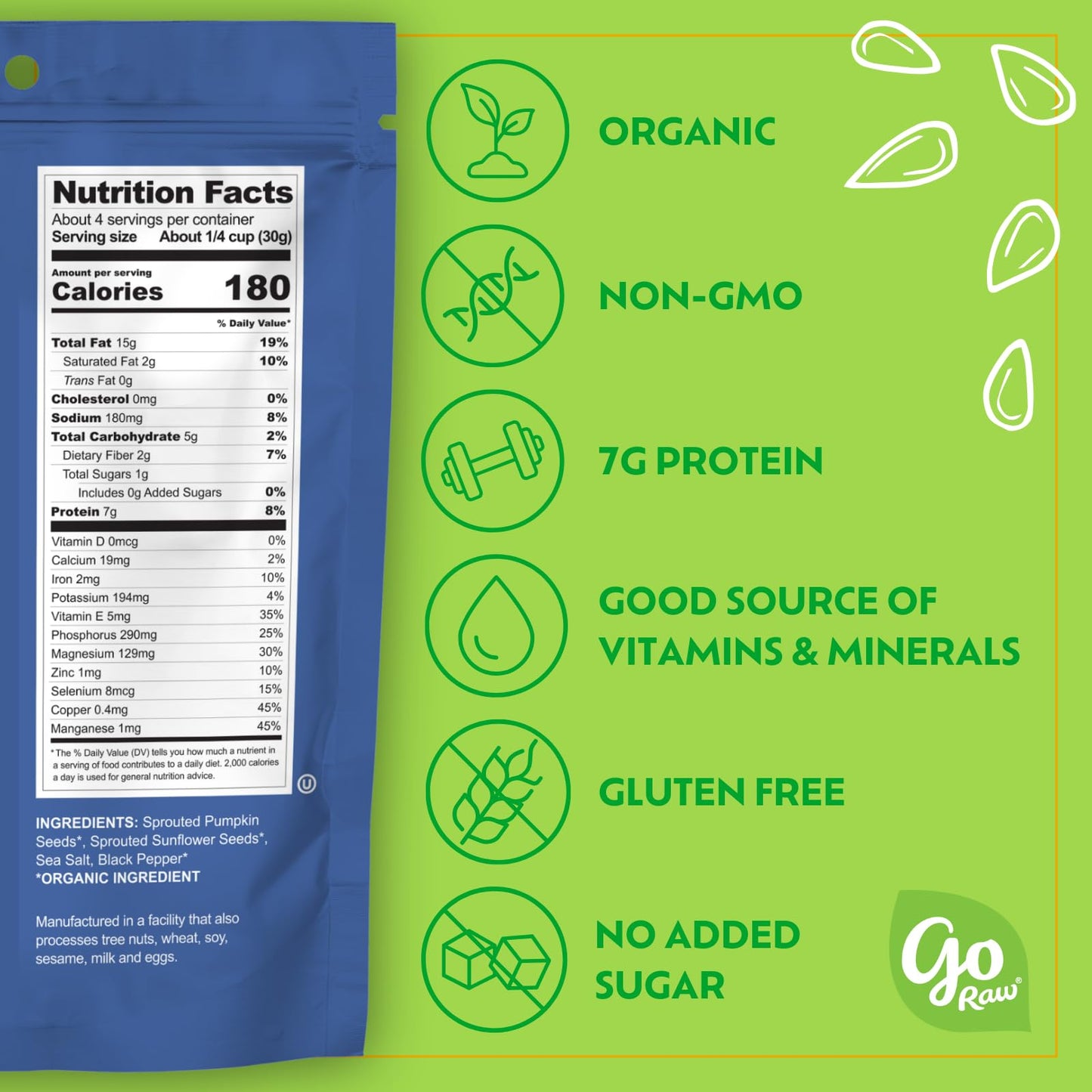 Go Raw Organic Sprouted Sea Salt & Pepper Snacking Seeds, 4 oz, Pack of 6, Pumpkin & Sunflower Seeds, Keto, Kosher