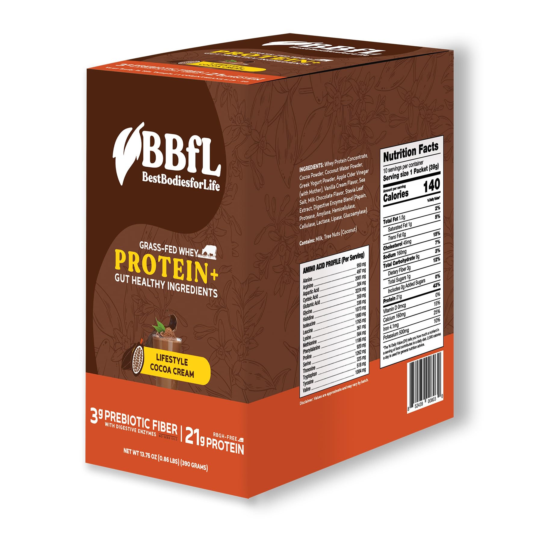 BBfL Grass-Fed Whey Protein Shake, 21g Protein, Cocoa + Apple Cider Vinegar, Prebiotics, 10 Servings