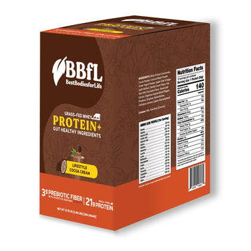 BBfL Grass-Fed Whey Protein Shake, 21g Protein, Cocoa + Apple Cider Vinegar, Prebiotics, 10 Servings
