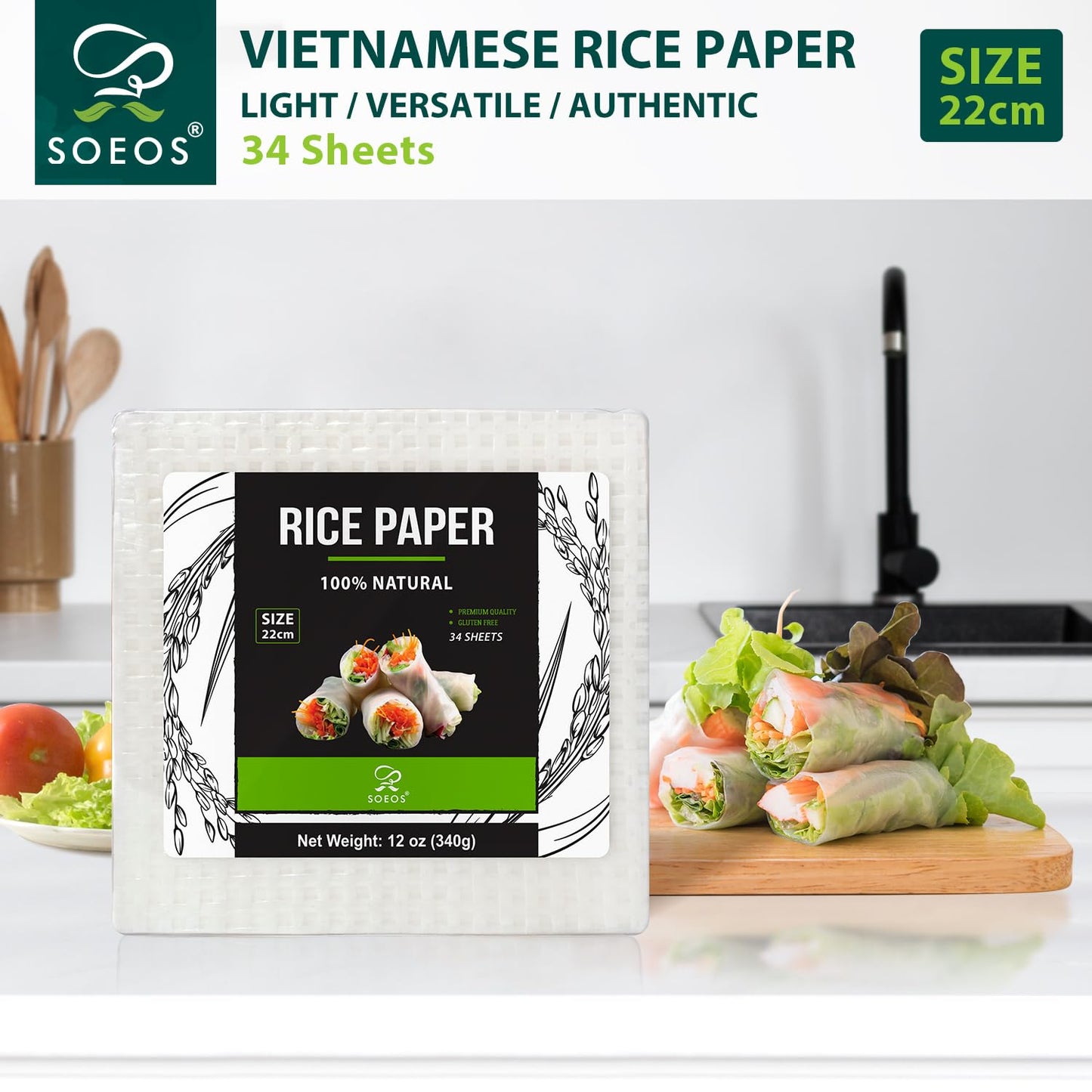 Soeos Rice Paper, White Rice Paper Wrappers, 1 Pack, 34 Sheets-Fresh Spring Roll Wrappers & Dumplings, Non-Gmo, Gluten-Free, Low