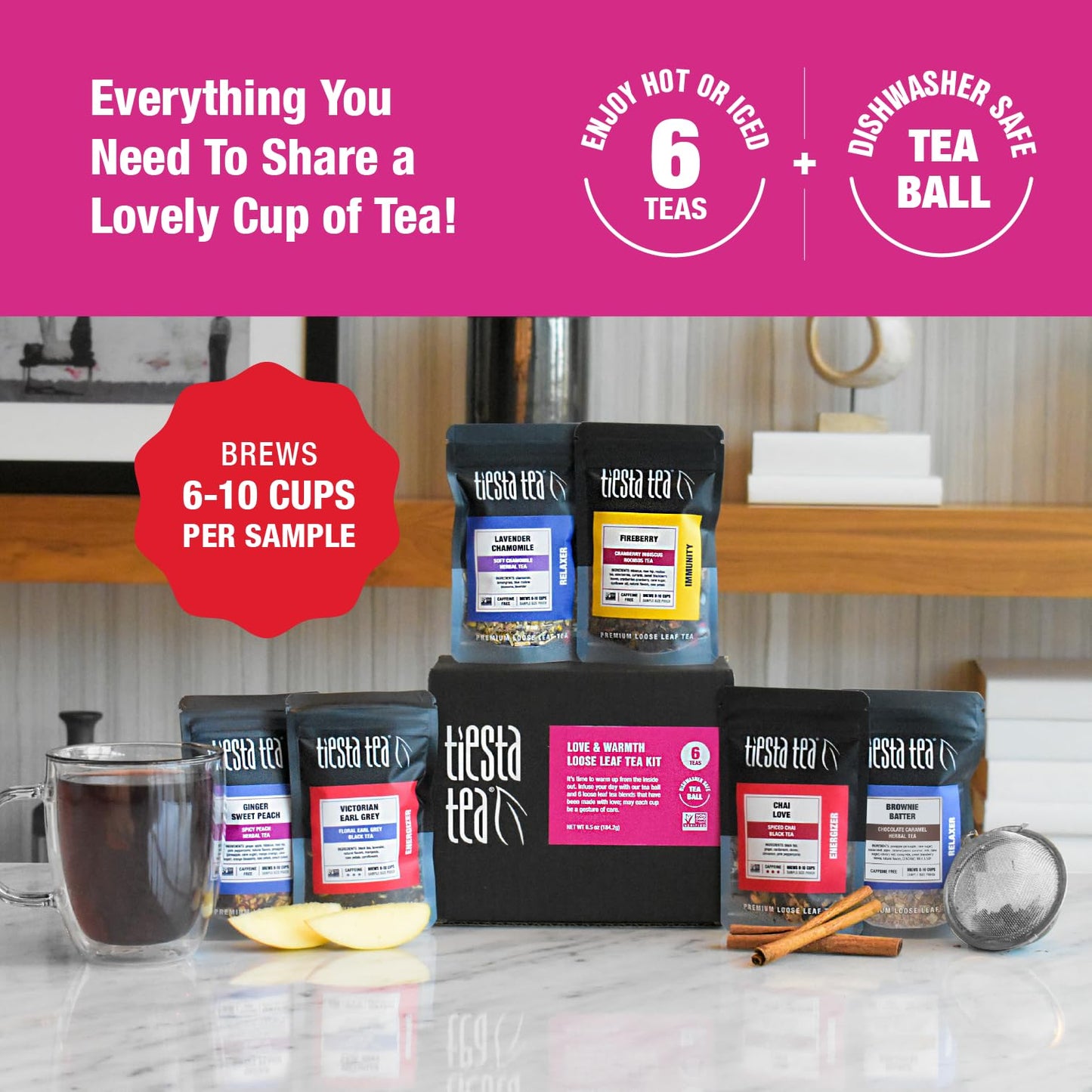 Tiesta Tea - Love & Warmth Loose Leaf Tea Gift Set, Loose Leaf, 6-Flavor Enhanced Variety Pack With Ball Strainer For Steeping, Brewing, And Enjoying, Valentines Day Assortment To Make Hot Or Iced