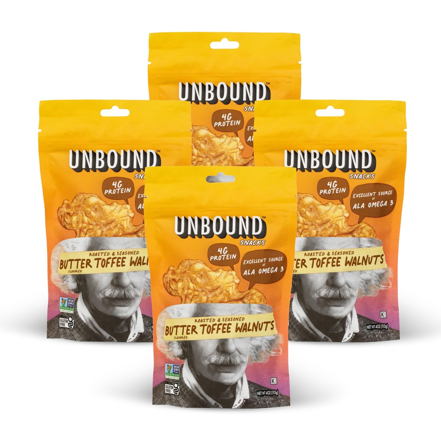 Unbound Snacks Flavored Nuts - Butter Toffee Walnuts, 4 oz (Pack of 4) - Healthy Snacks, 4g Protein, 3g Sugar, High in Omega 3, 