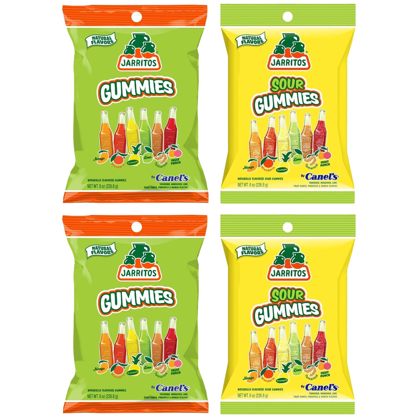 Jarritos Sour Gummies Candy - 4 Pack of Mexican Candies with Natural Flavors - 2 Sour & 2 Original Bags - 6 Fruity Flavors - Tan
