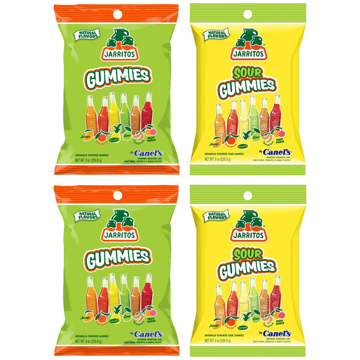 Jarritos Sour Gummies Candy - 4 Pack of Mexican Candies with Natural Flavors - 2 Sour & 2 Original Bags - 6 Fruity Flavors - Tan